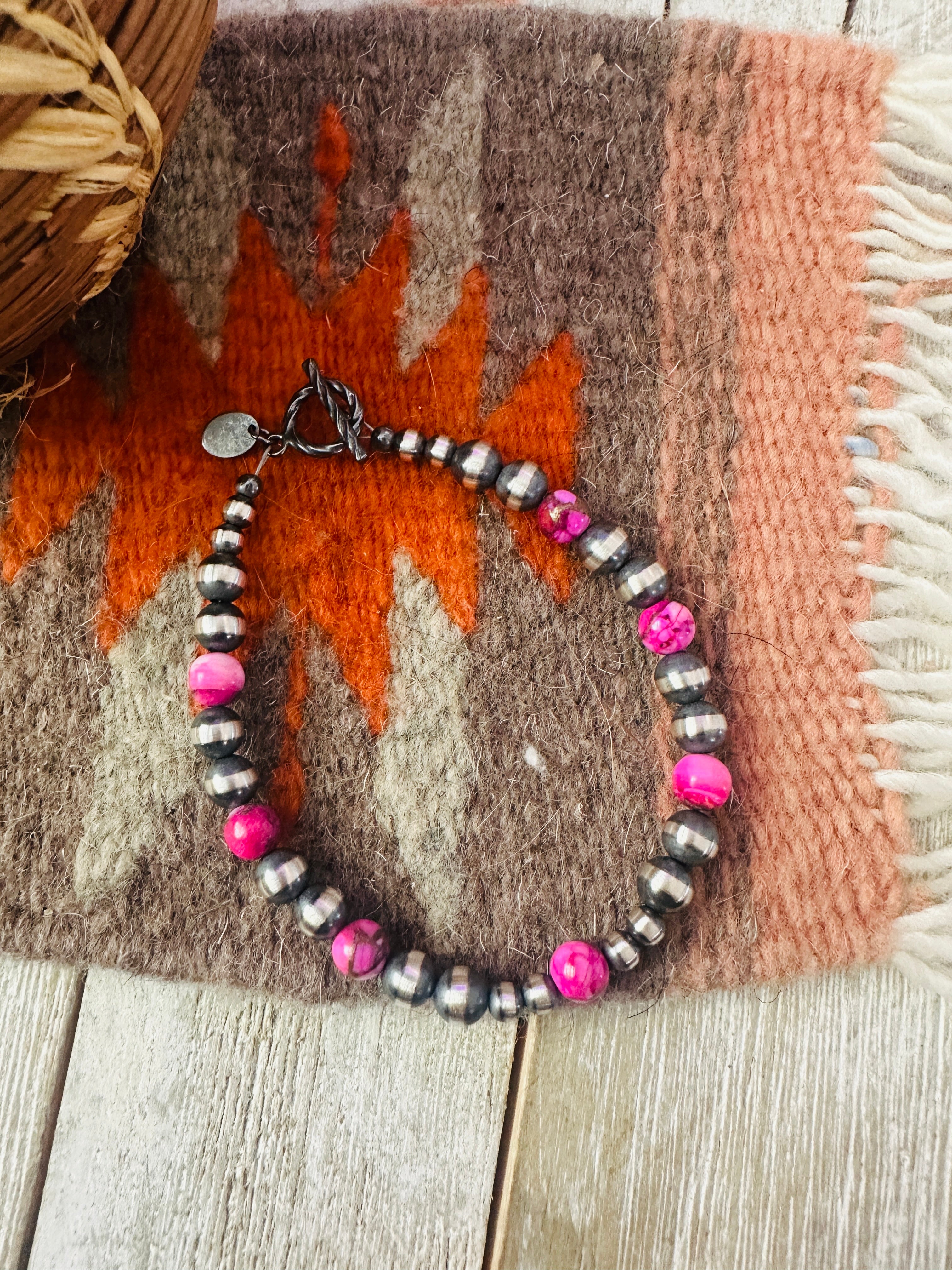 Handcrafted Pink Mojave and Sterling Silver Pearl Beaded Bracelet