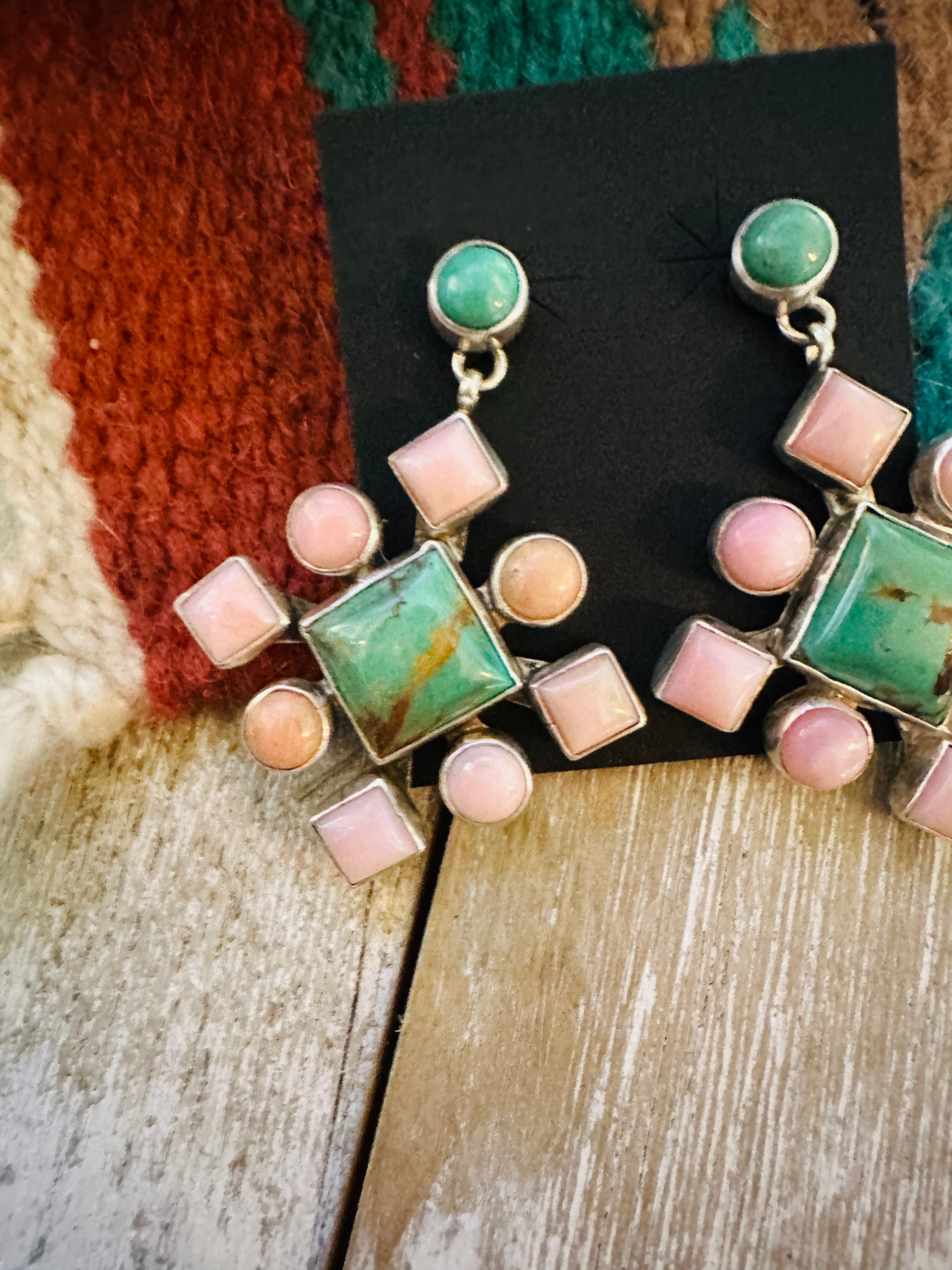 Handcrafted Queen Pink Conch, Turquoise & Sterling Silver Cluster Dangle Earrings