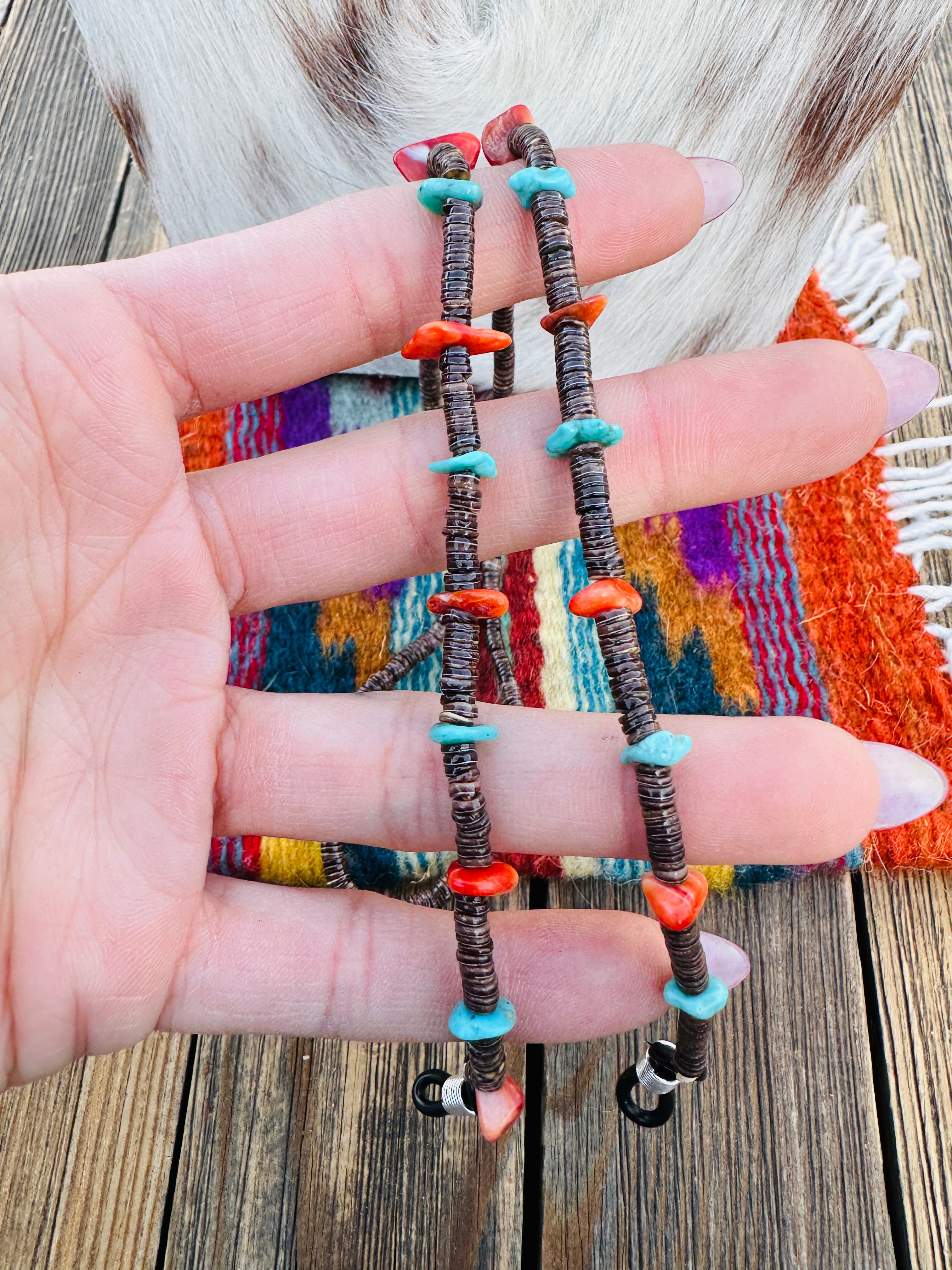 Handcrafted Turquoise, Spiny Oyster & Heishi Beaded Glasses Strap