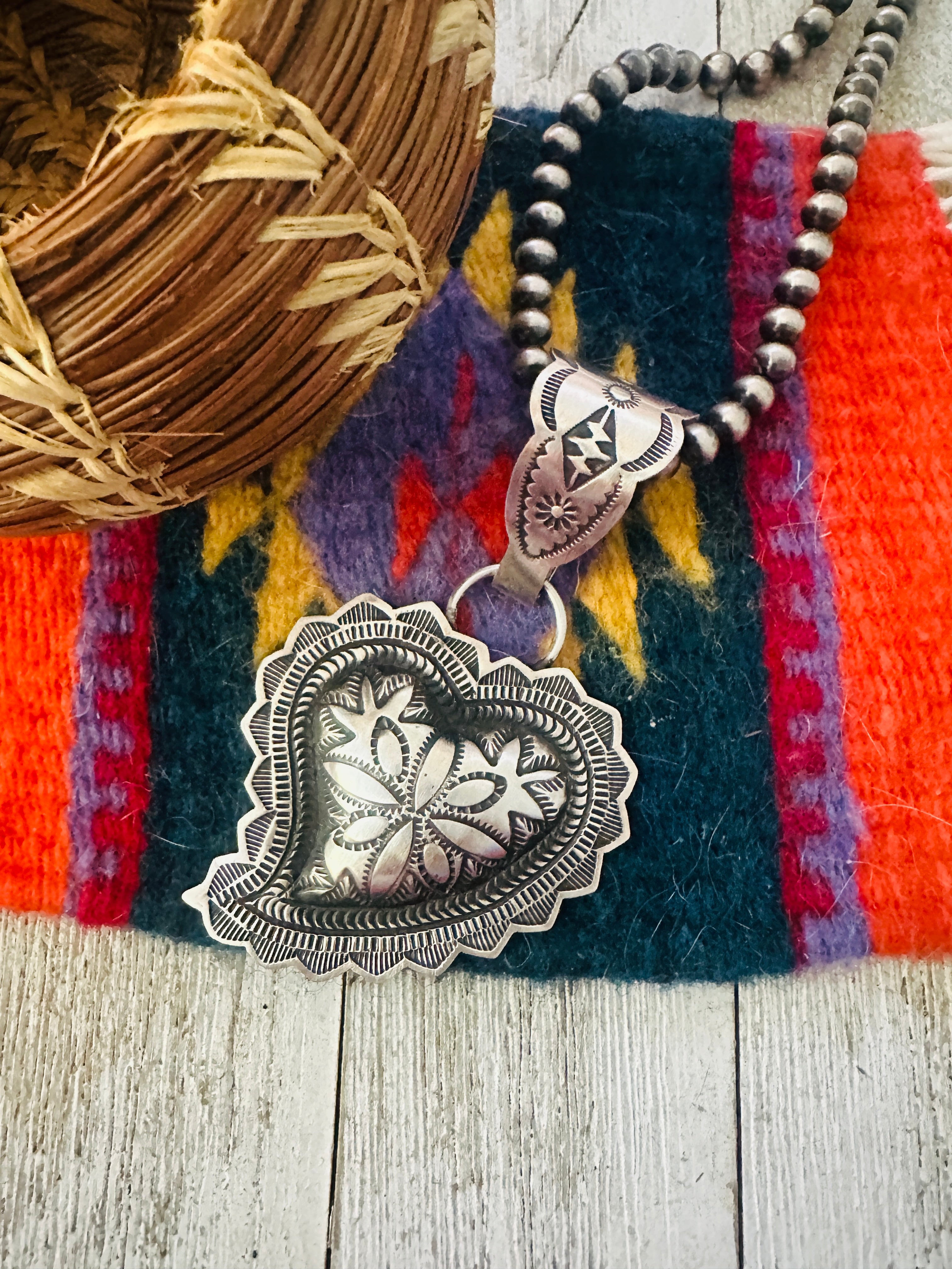 Handcrafted Sterling Silver Heart Concho Pendant by Leander Tahe