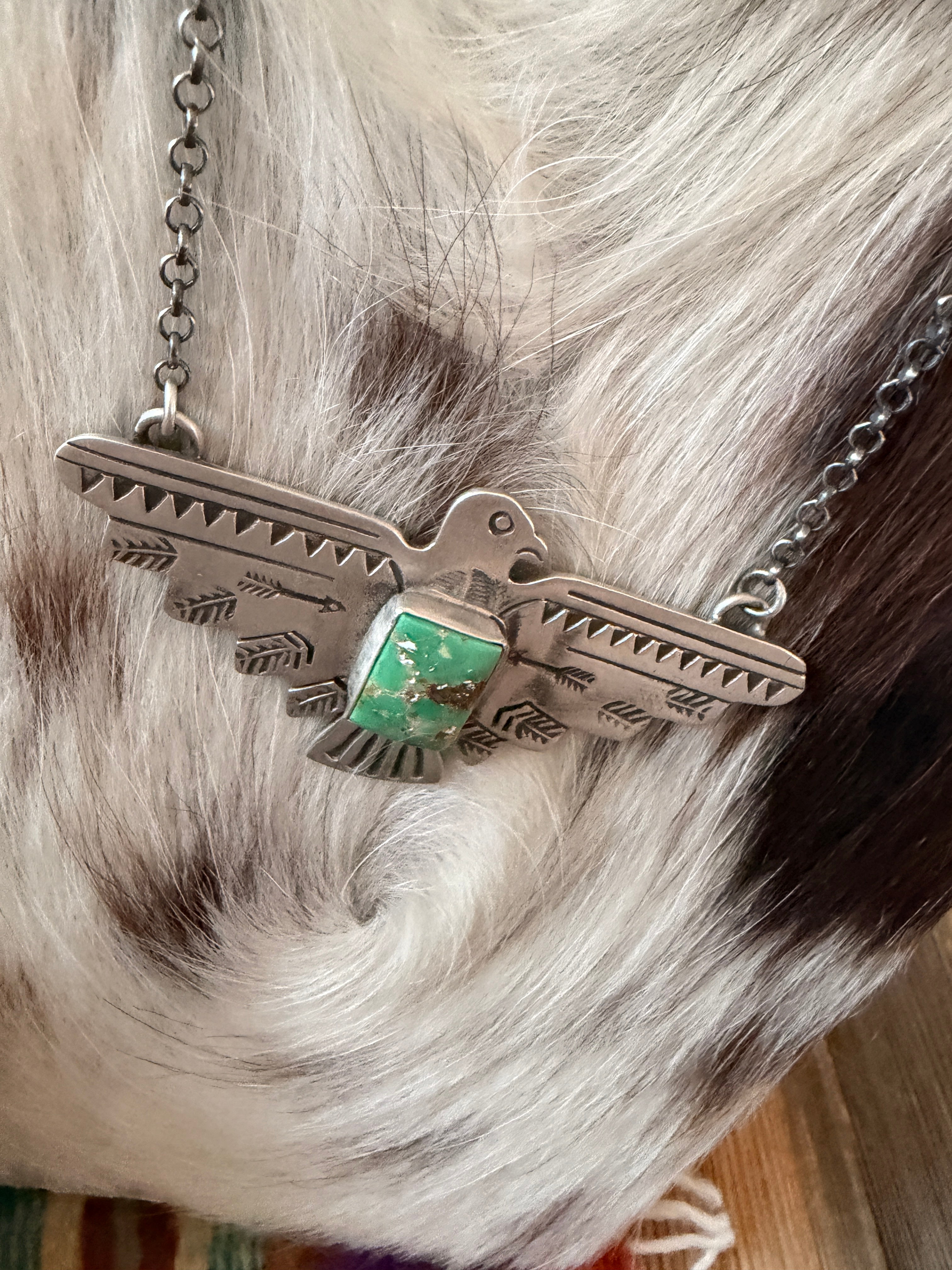 Handcrafted Turquoise & Sterling Silver Thunderbird Necklace by Russell Sam
