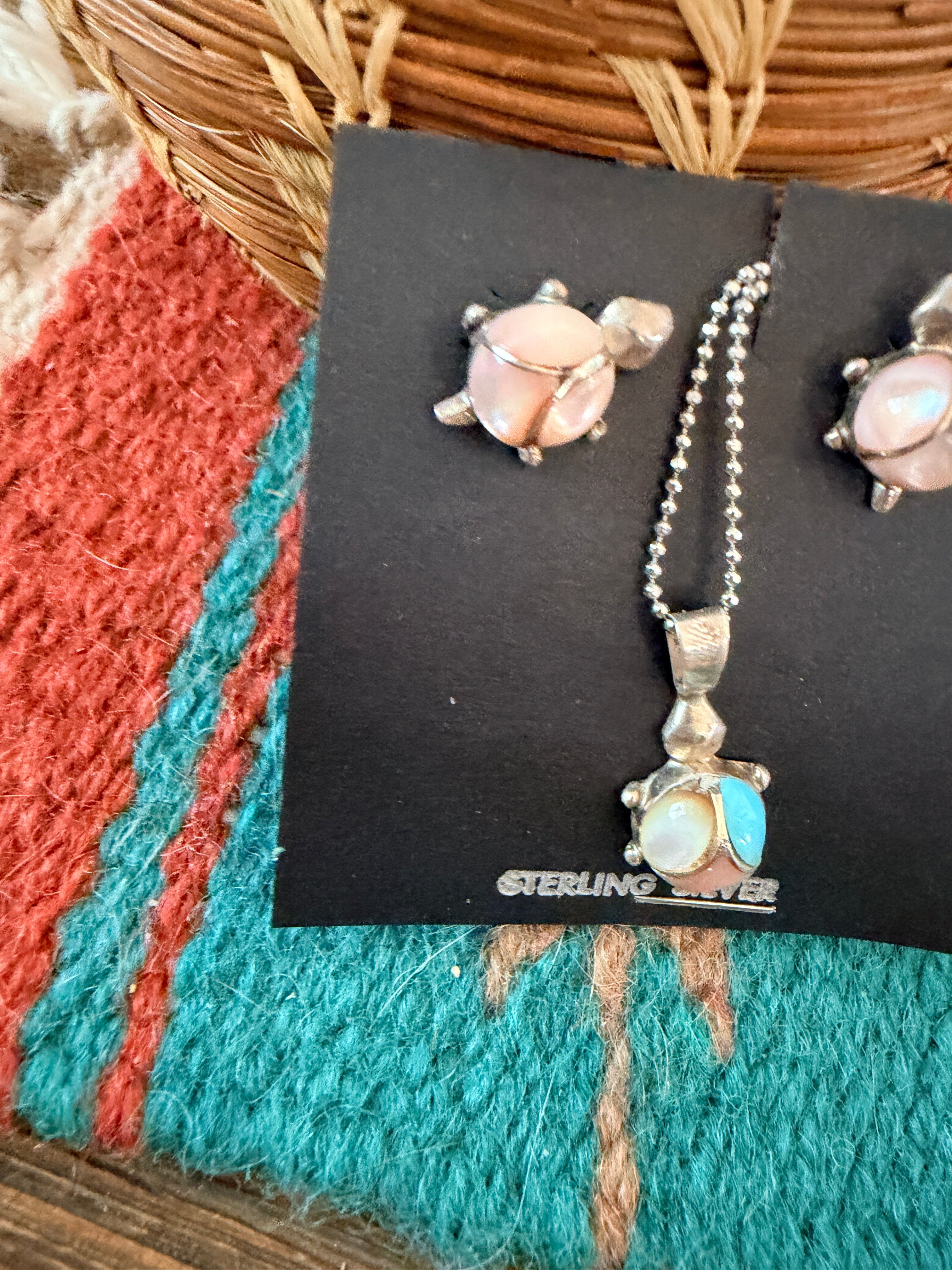 Handcrafted Old Pawn Mother of Pearl & Sterling Silver Turtle Necklace and Earring Set