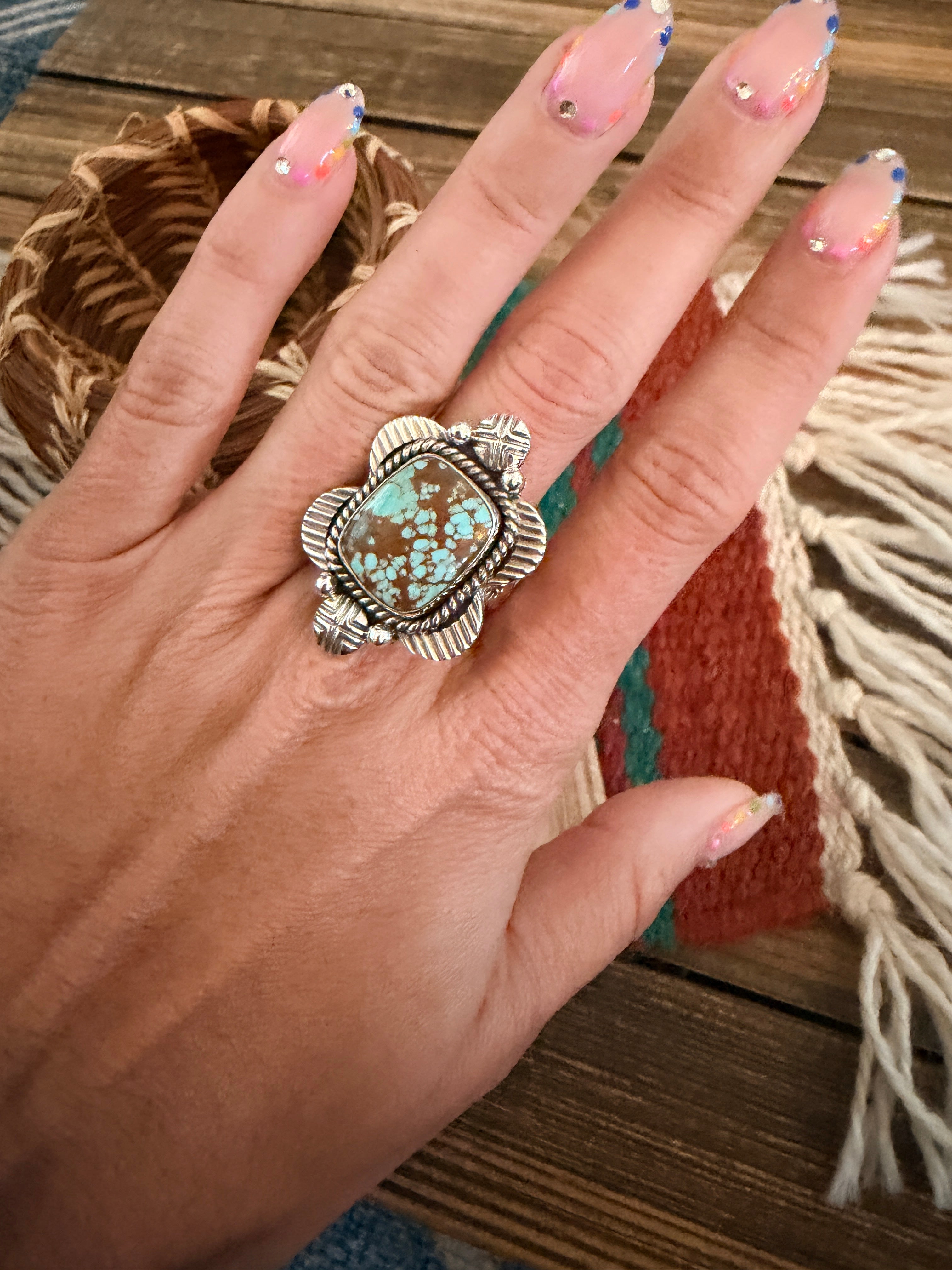 Handmade Sterling Silver Number 8 Turquoise Adjustable Ring Signed Nizhoni
