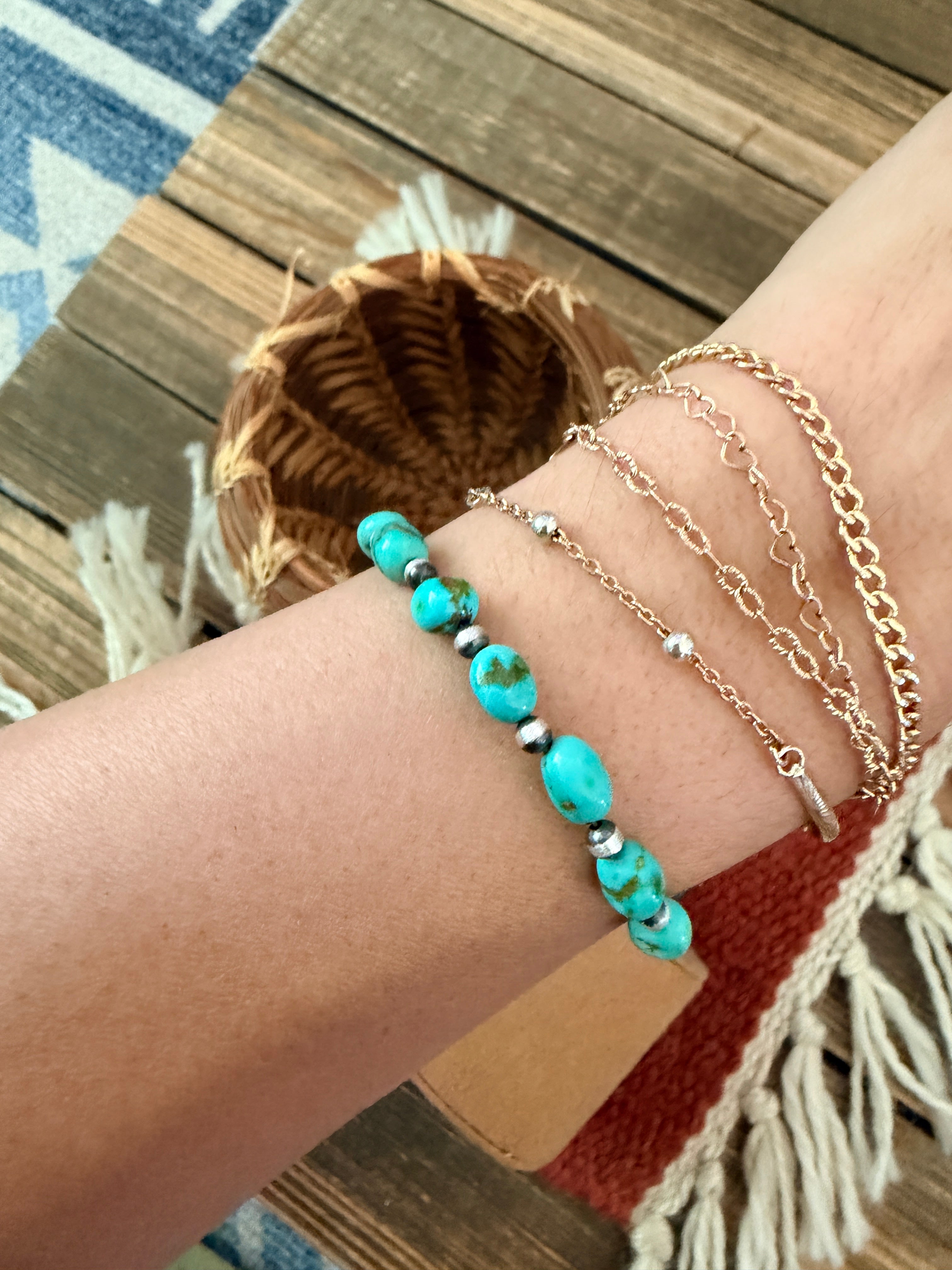 Handcrafted Sonoran Gold Turquoise & Sterling Silver Pearl Beaded Bracele