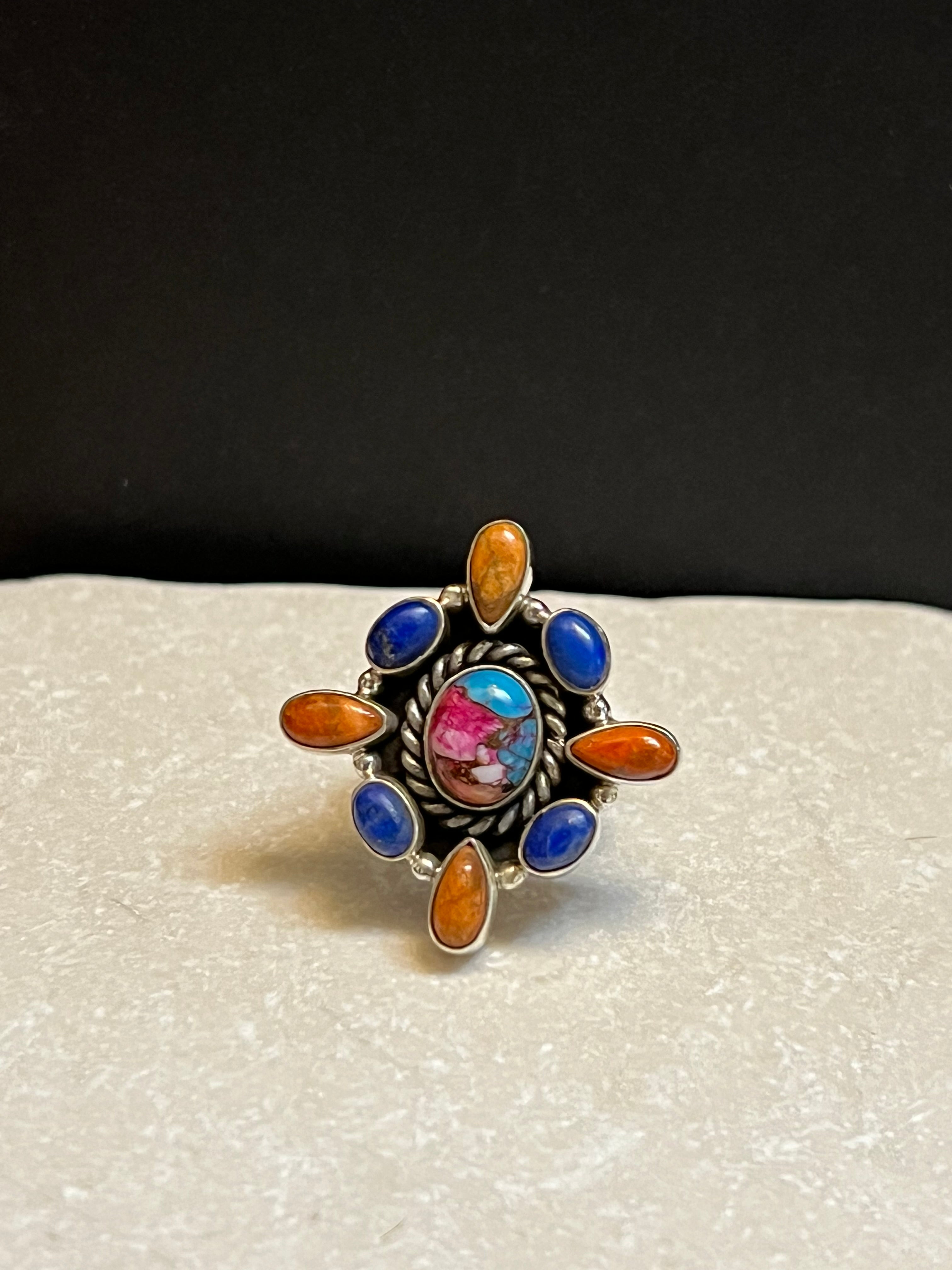 Handmade Sterling Silver Lapis, Orange Spiny, & Pink Dream Cluster Adjustable Ring