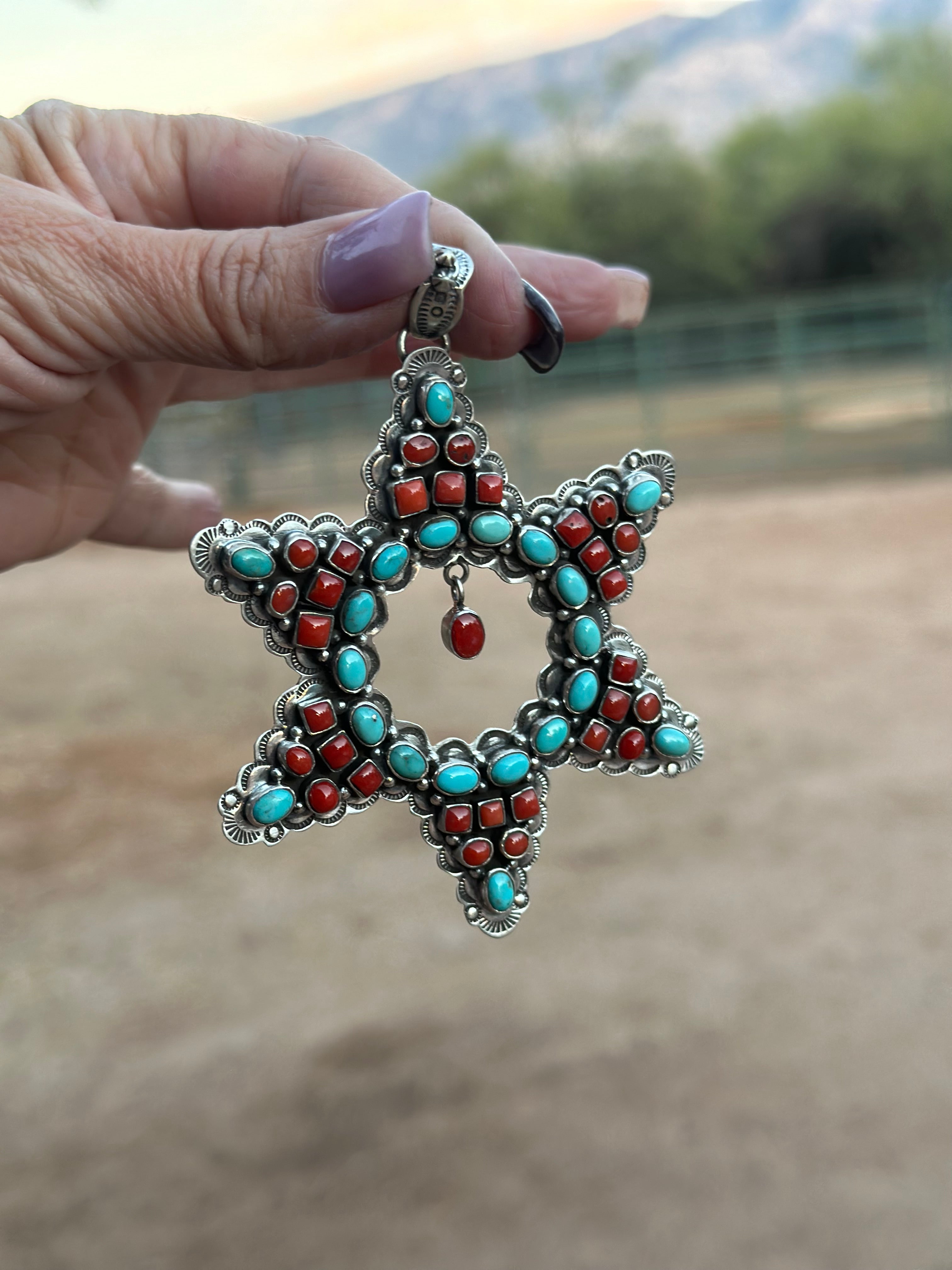 Handmade Sterling Silver, Turquoise & Coral Christmas Star Pendant