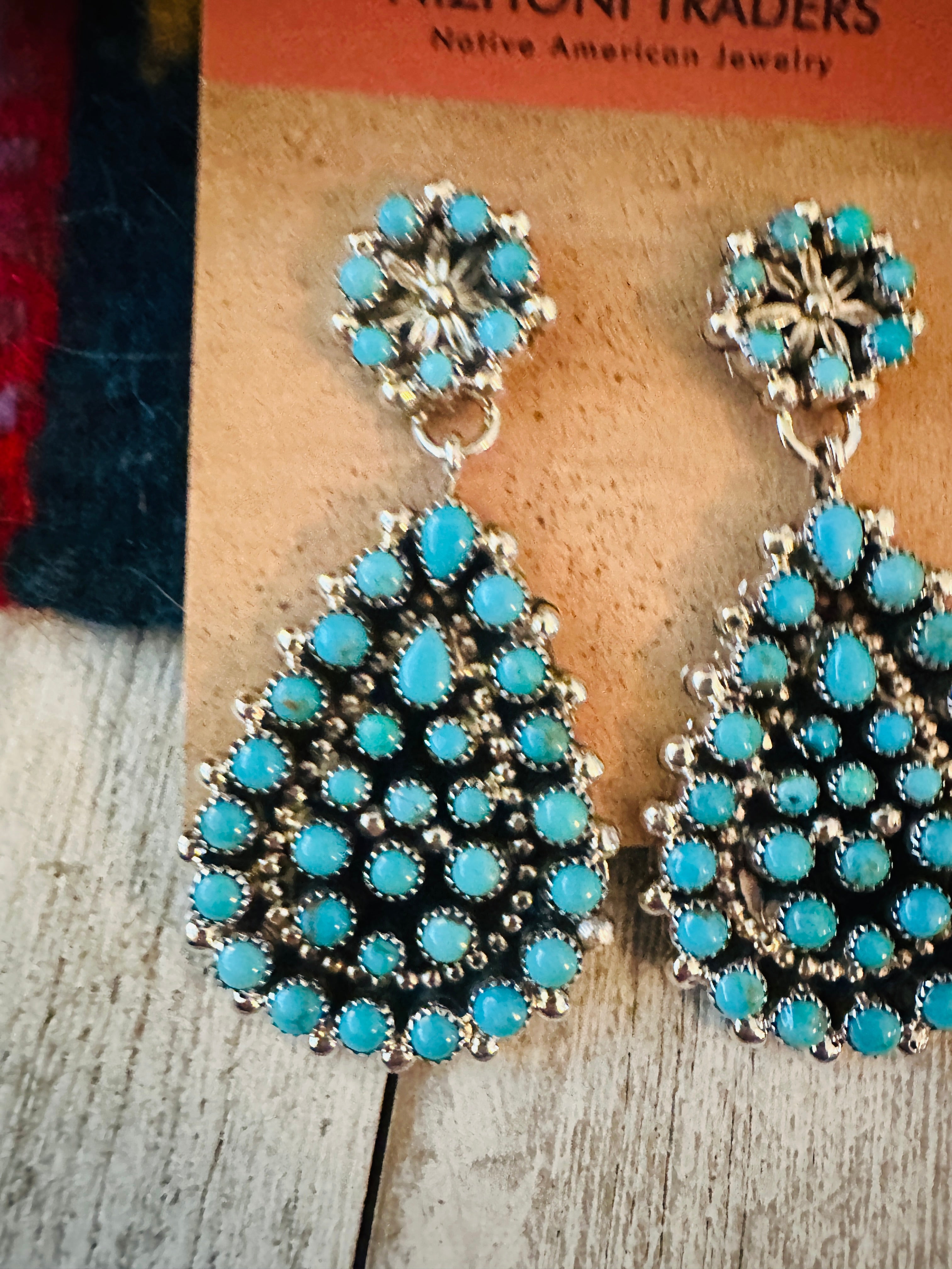 Navajo Turquoise & Sterling Silver Cluster Dangle Earrings