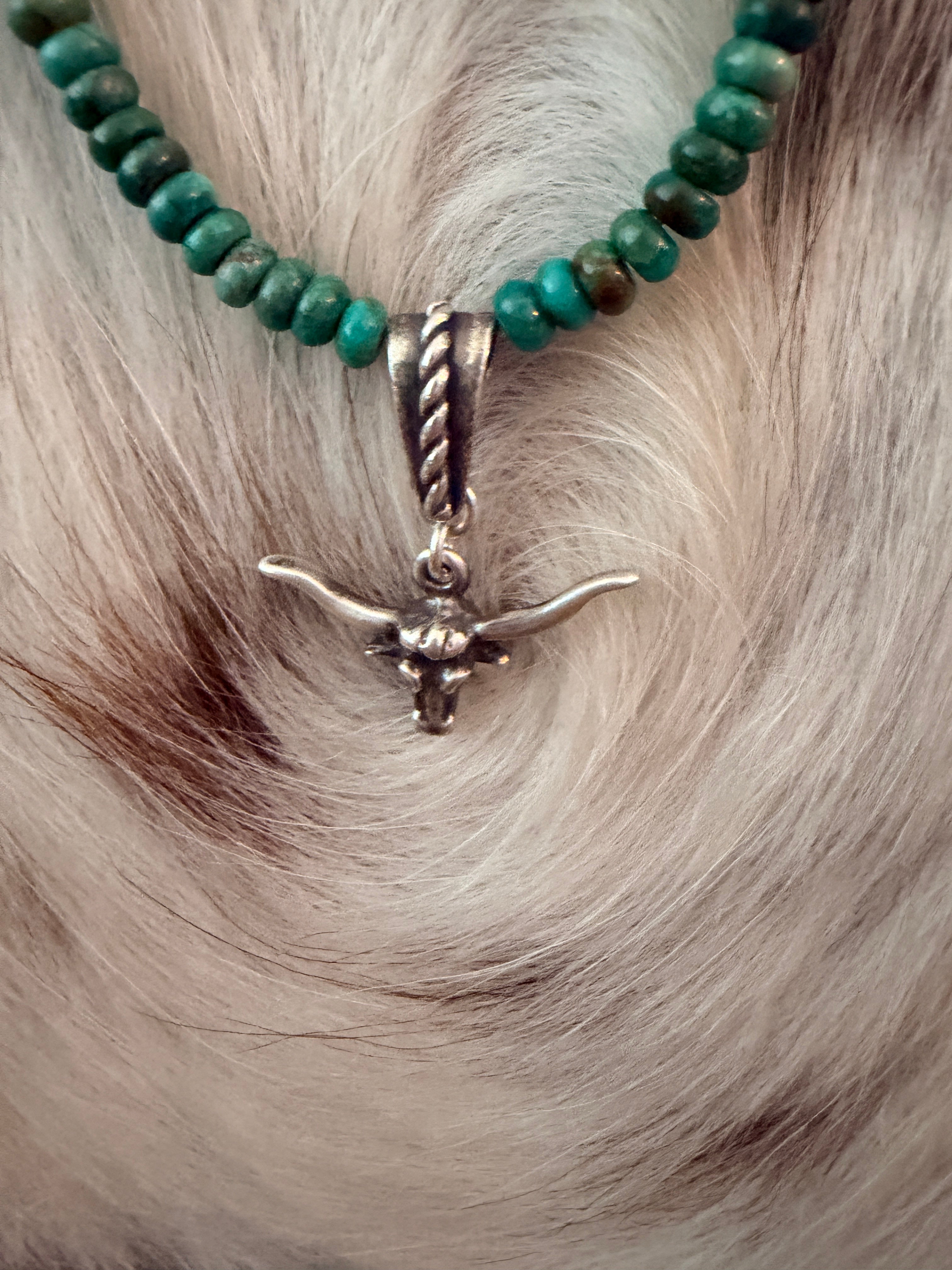 Handmade Sterling Silver & Turquoise Beaded Bullhead Necklace