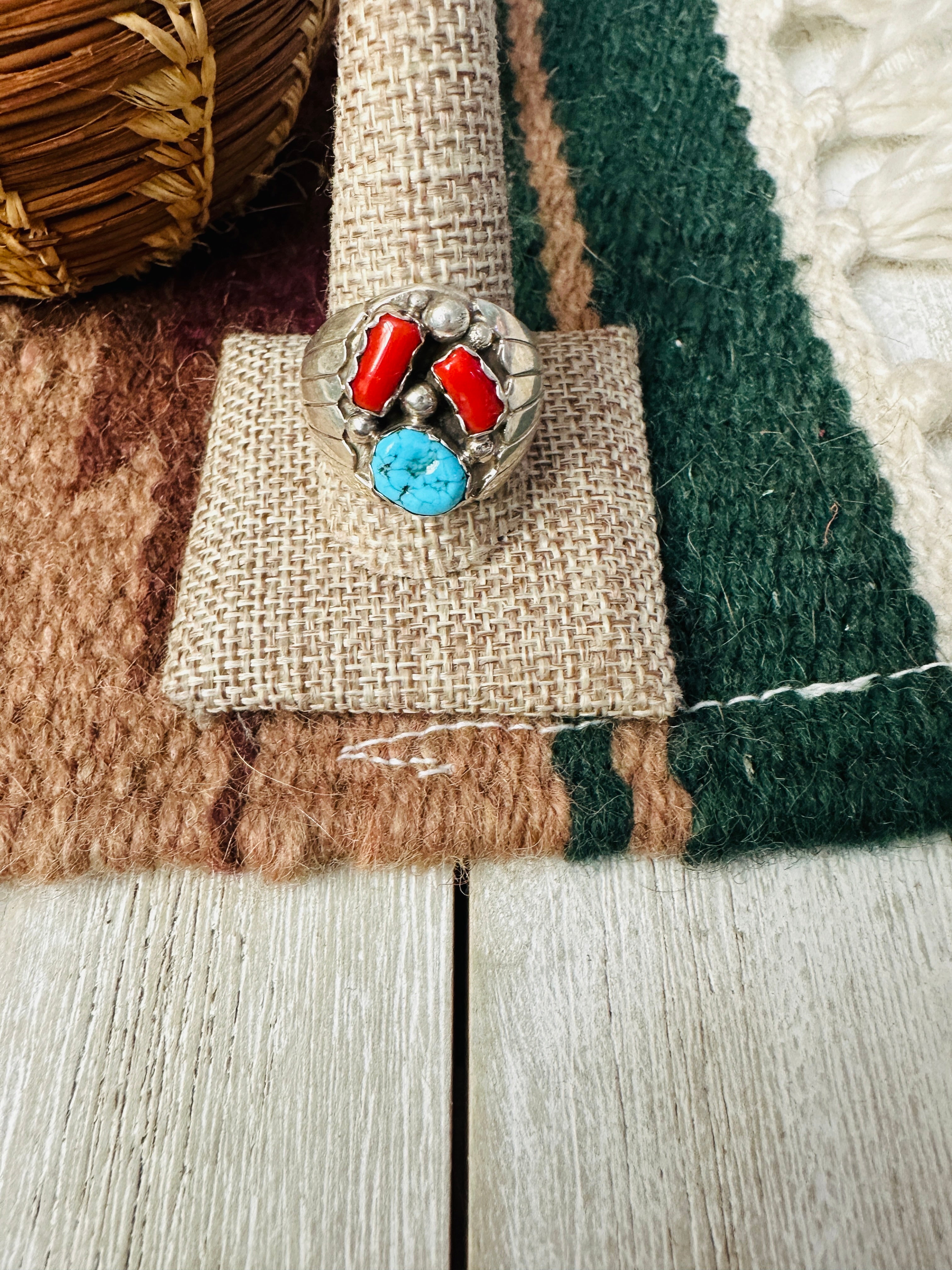 Old Pawn Handcrafted Turquoise, Coral & Sterling Silver Ring Size 12