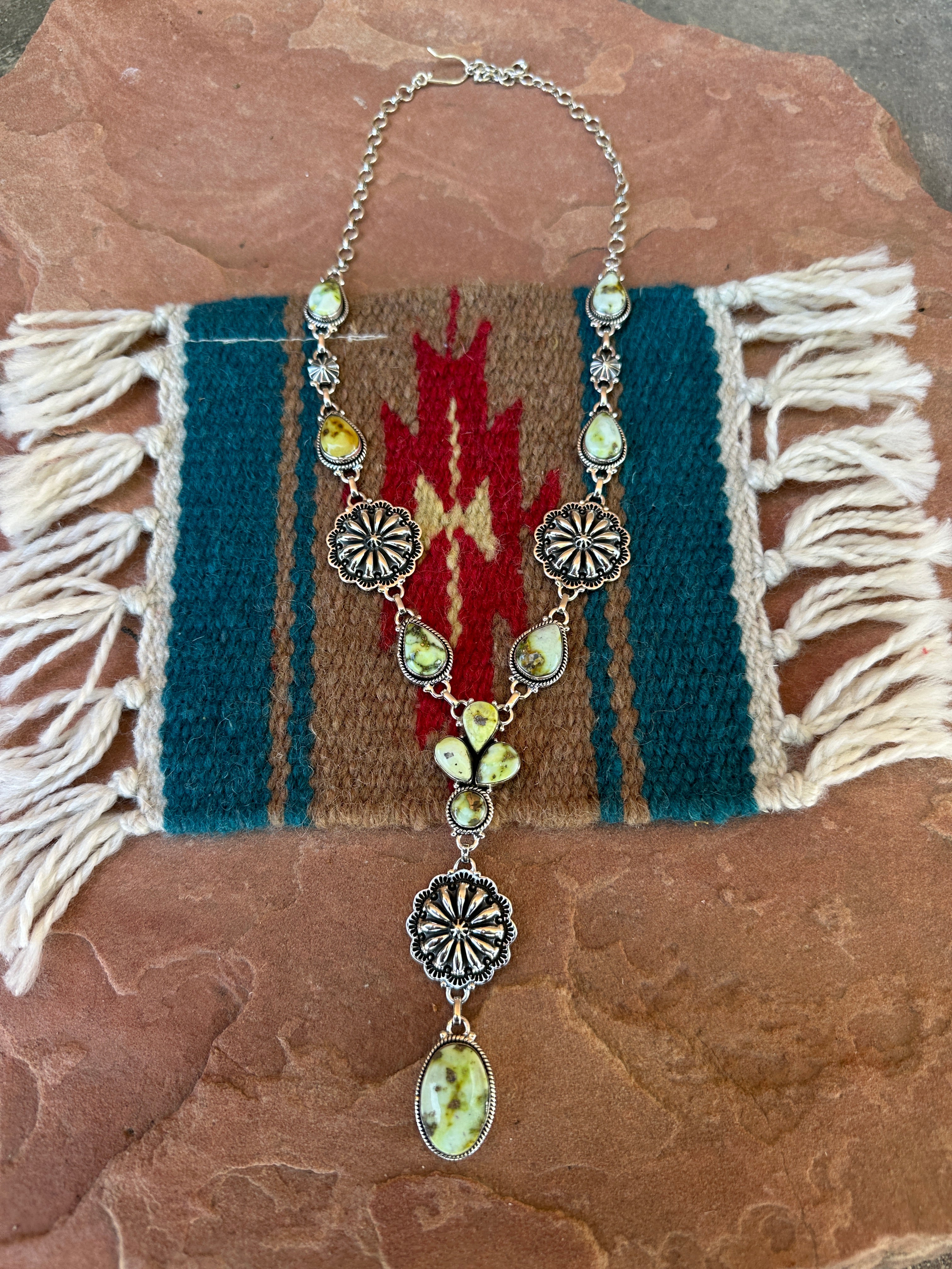 Beautiful Handmade Sterling Silver & Palomino Turquoise Concho Lariat Necklace