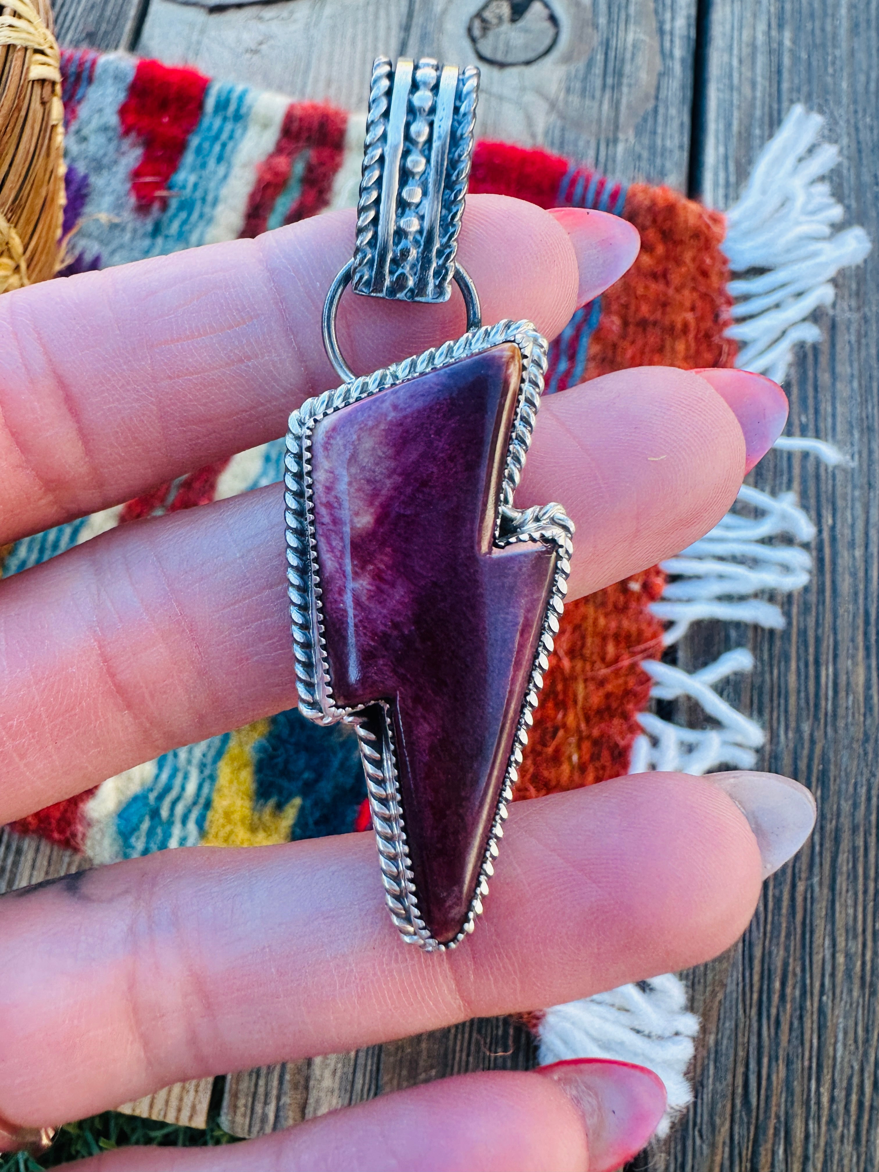 Handcrafted Spiny Oyster & Sterling Silver Lightning Bolt Pendant by Tatum Skeets