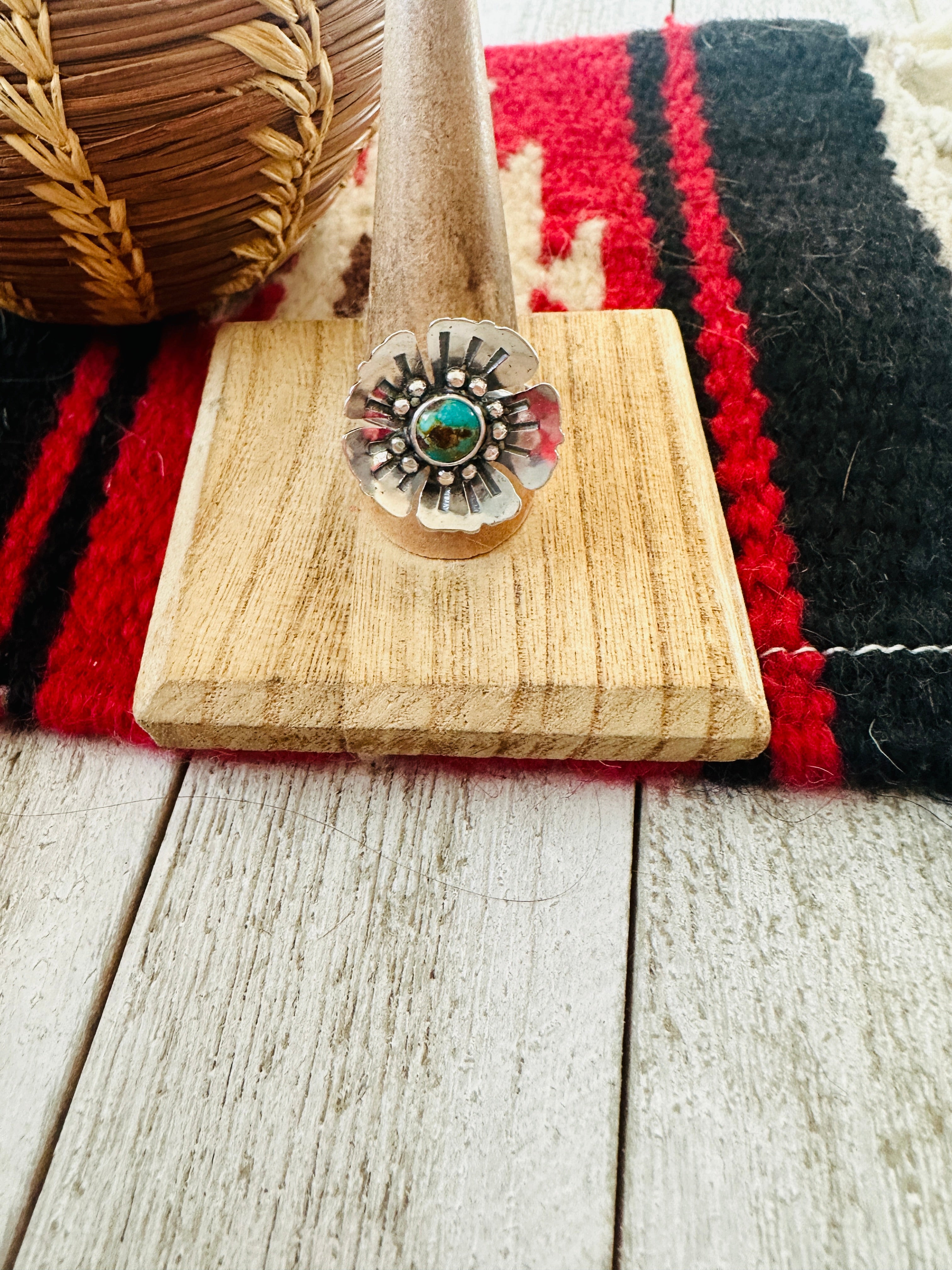 Navajo Sterling Silver & Turquoise Adjustable Flower Ring