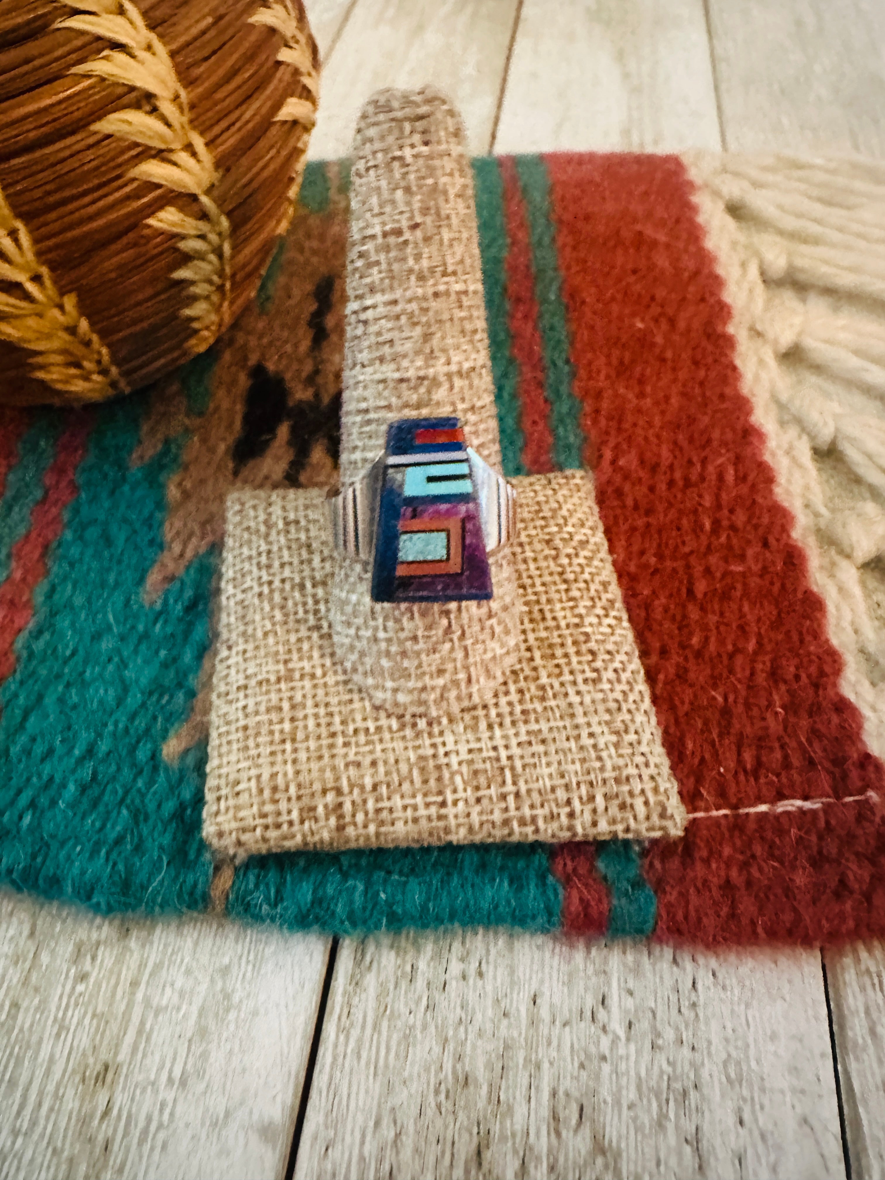 Old Pawn Handcrafted Multi Stone & Sterling Silver Inlay Ring Size 10