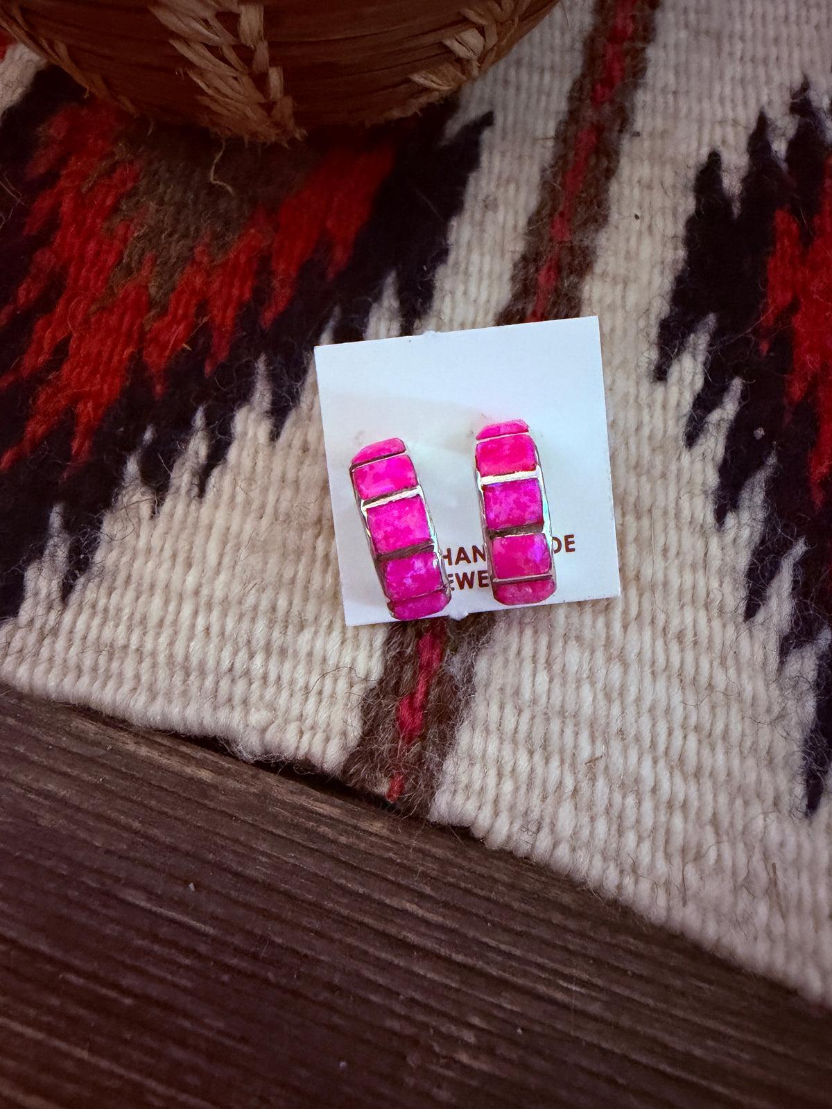 Handcrafted Sterling Silver & Pink Opal Inlay Hoop Earrings