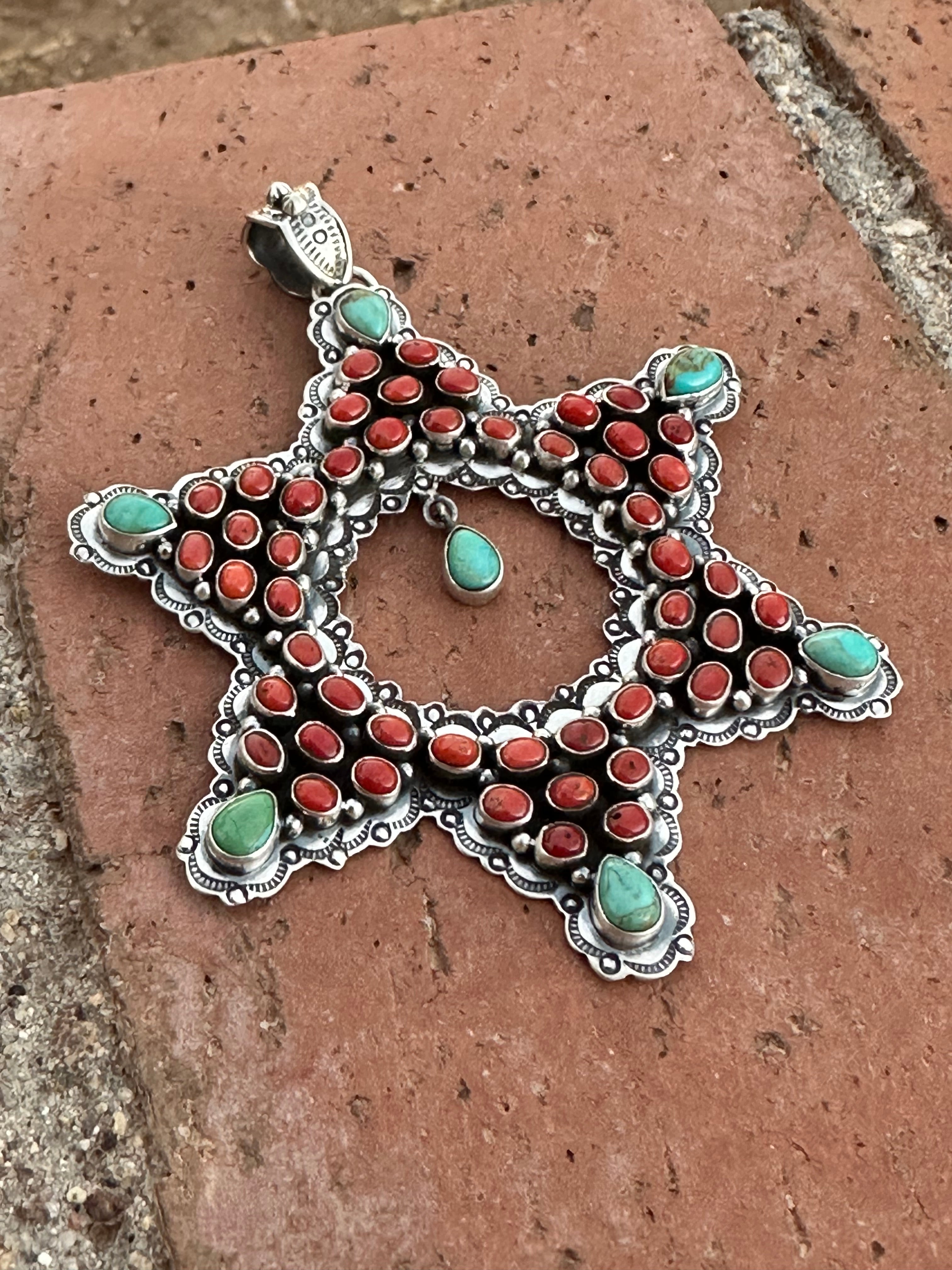 Handmade Sterling Silver, Coral & Turquoise Christmas Star Pendant