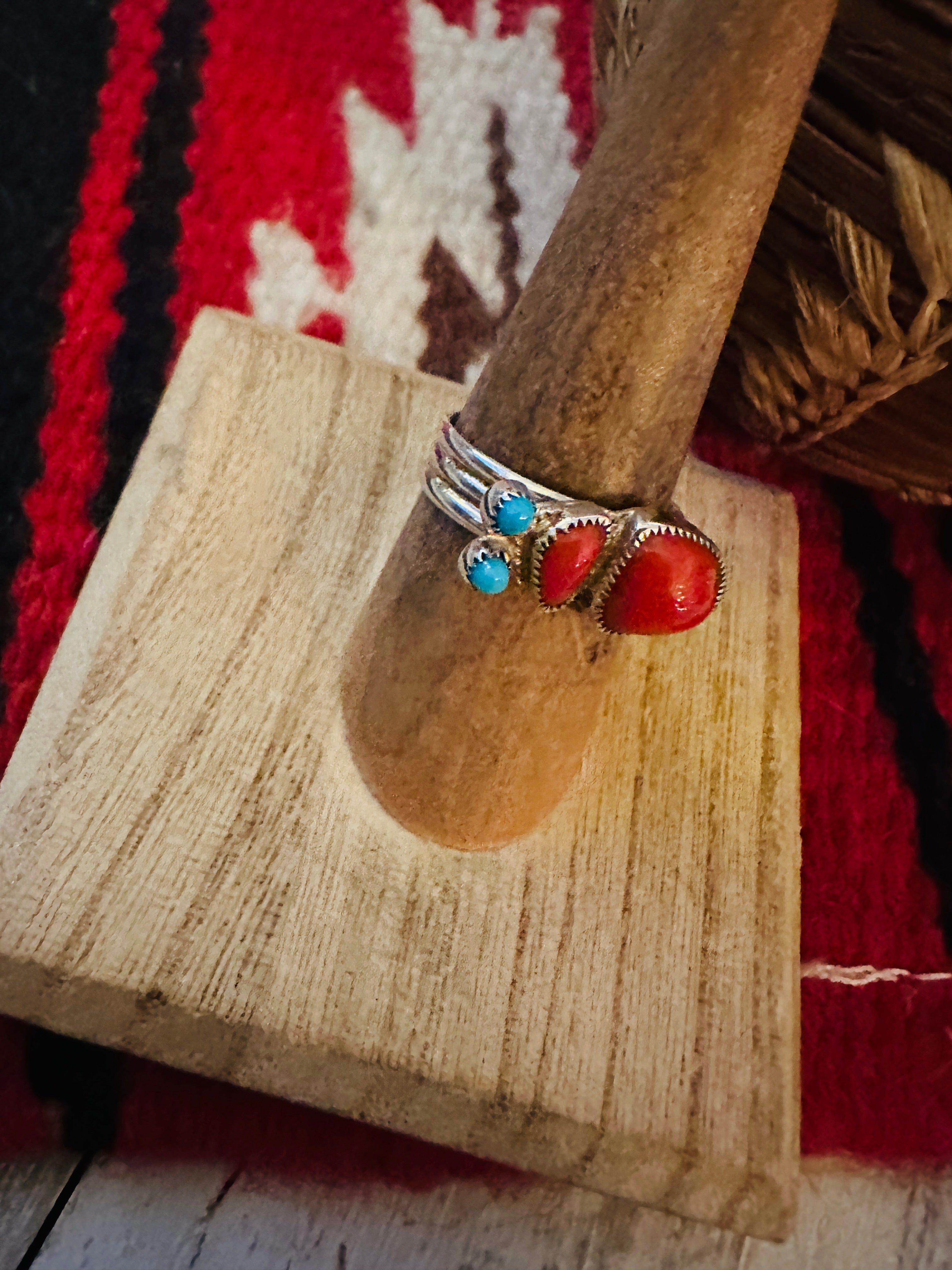 Navajo Coral, Turquoise & Sterling Silver Inlay Ring Size 7