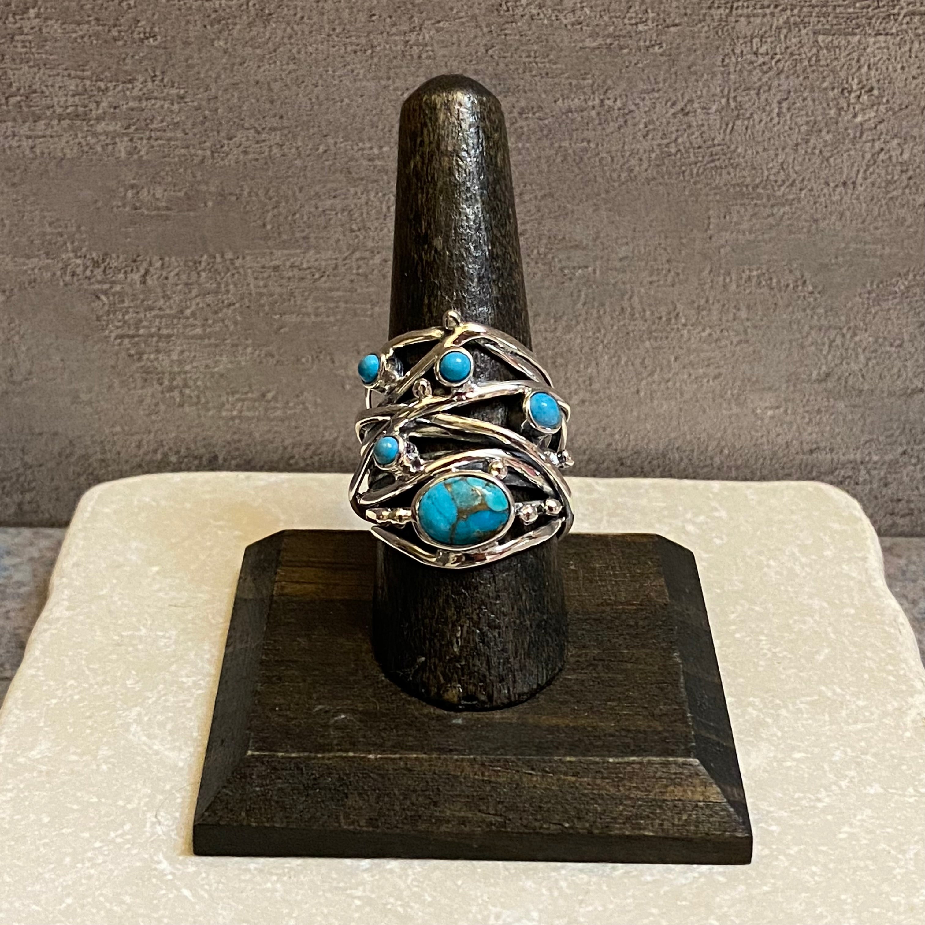 Sterling Silver Five Stone Copper Turquoise Strand Ring Size 8.5