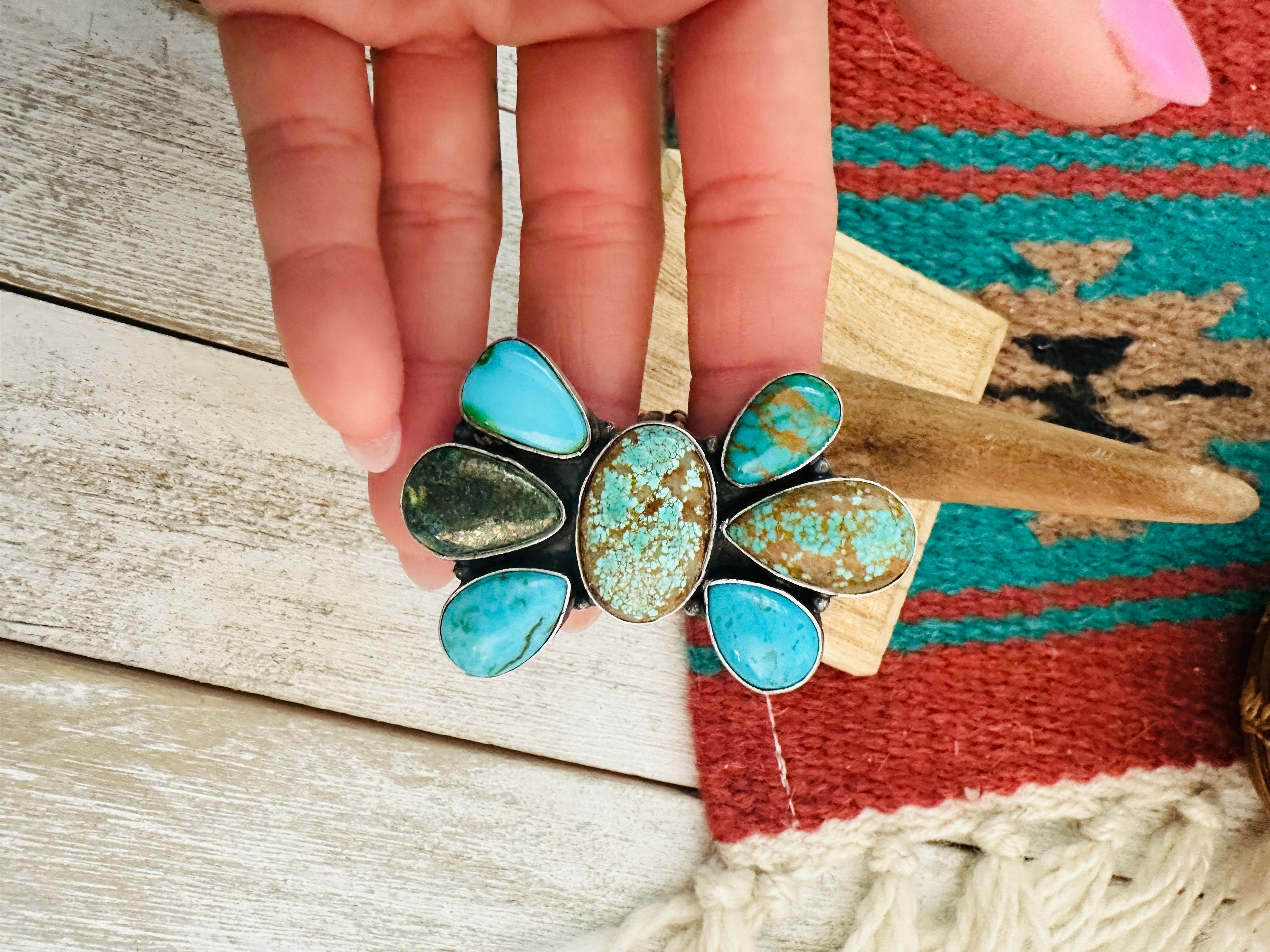 Navajo Multi Turquoise & Sterling Silver Adjustable Cluster Ring