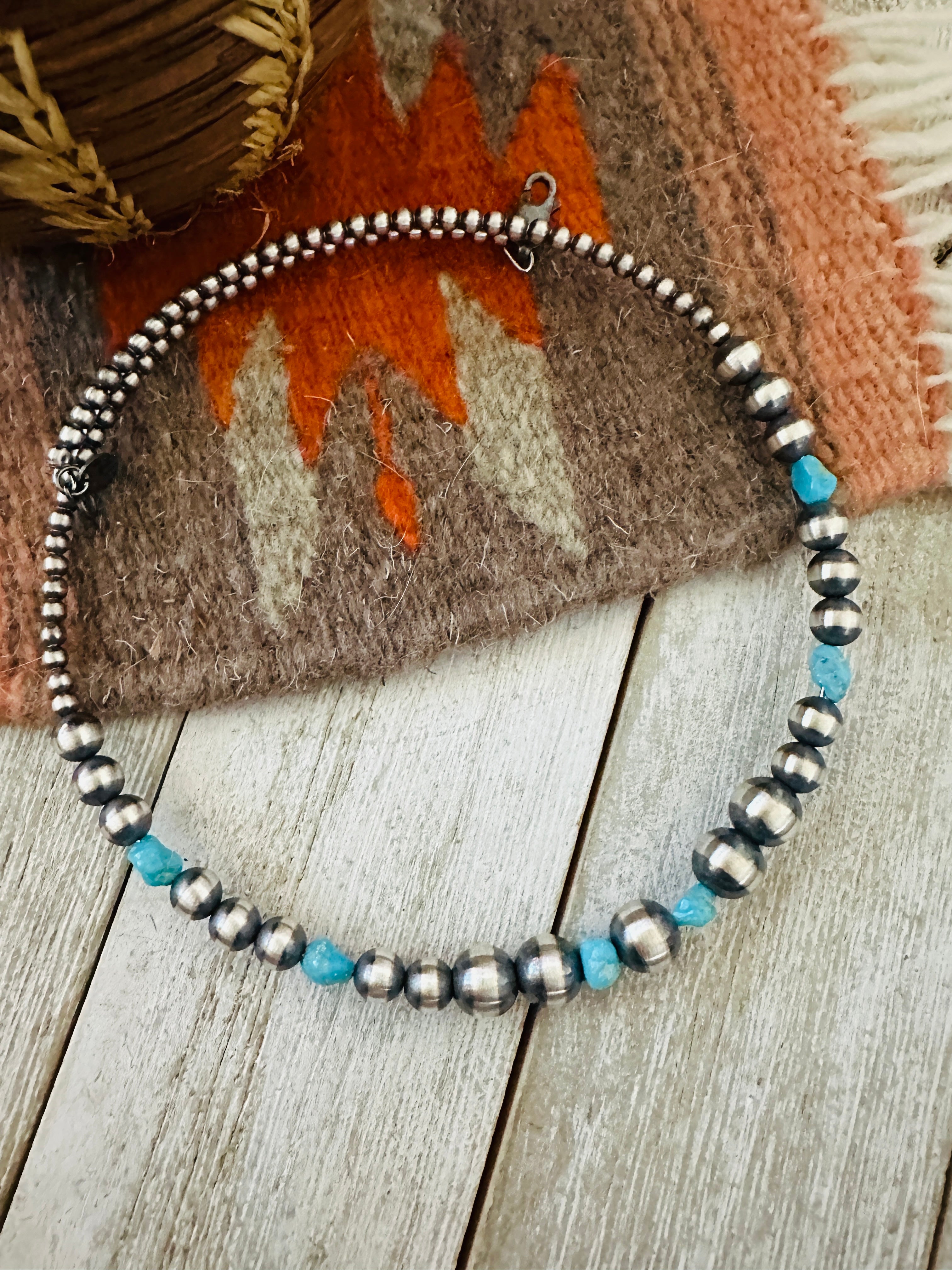 Handcrafted Turquoise & Sterling Silver Beaded Wrap Choker Necklace
