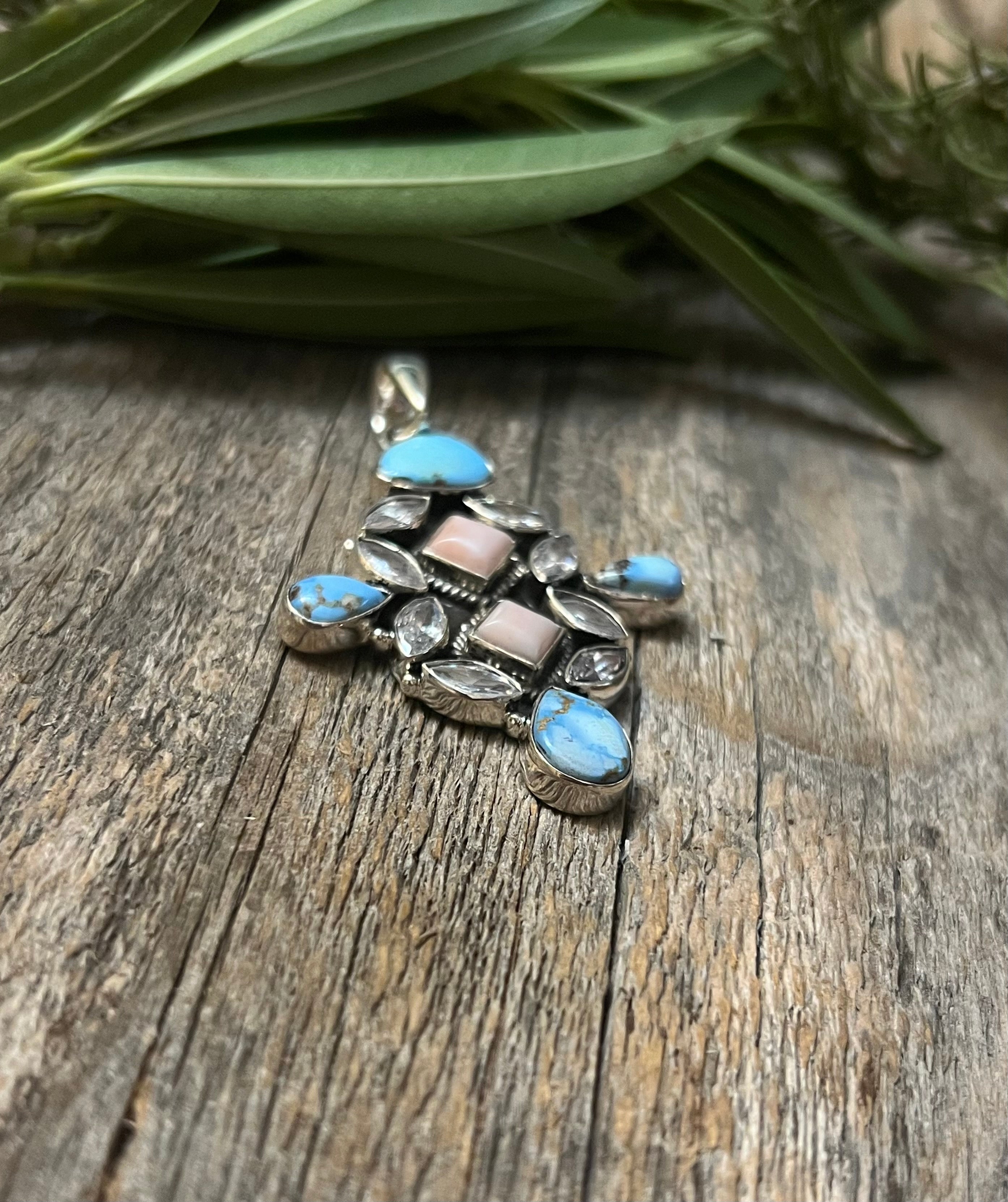 Handmade Golden Hills Turquoise & Pink Conch CZ Sterling Silver Pendant