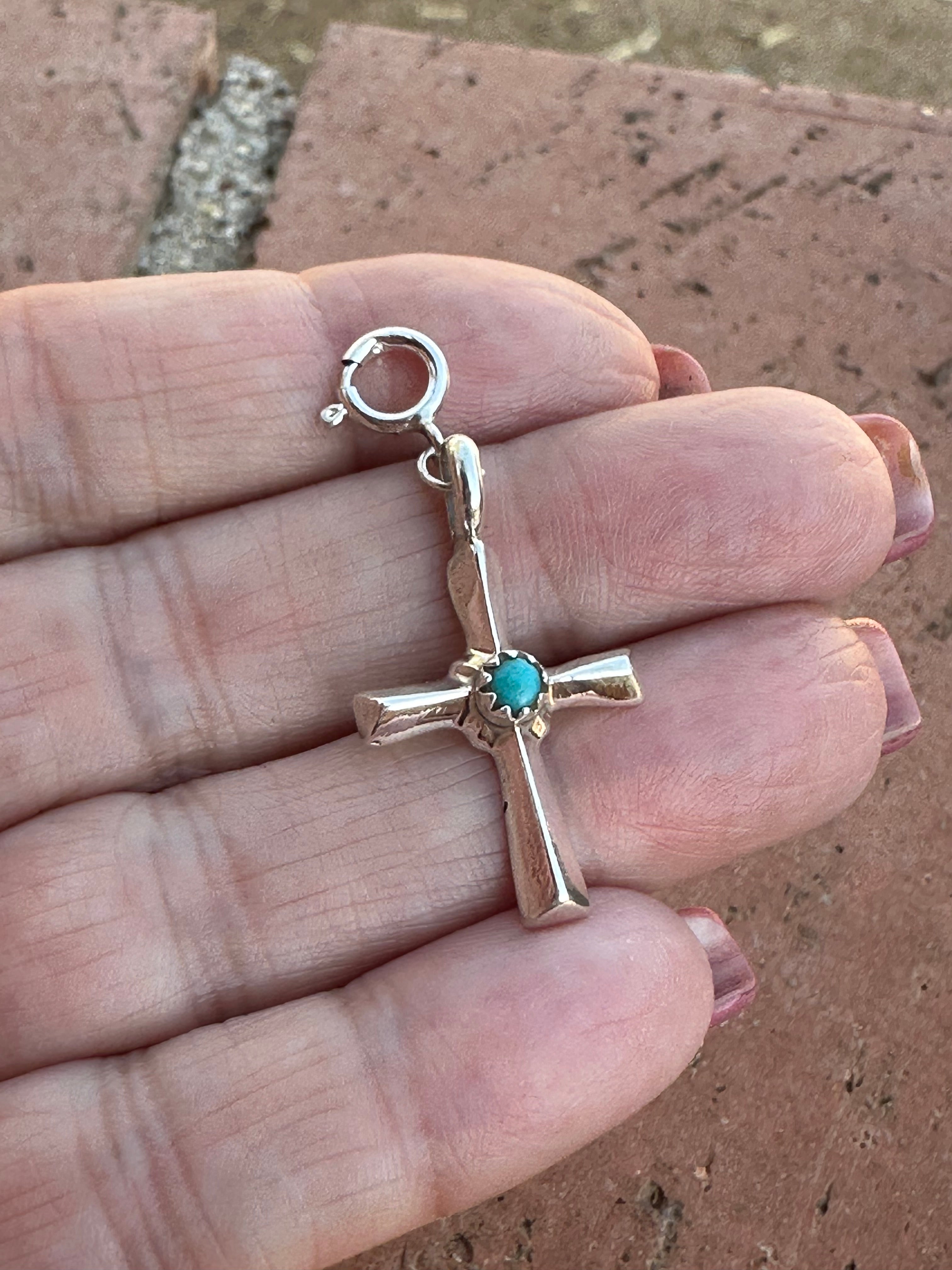 Navajo Crafted Sterling Silver and Turquoise Hand Stamped Cross Charm