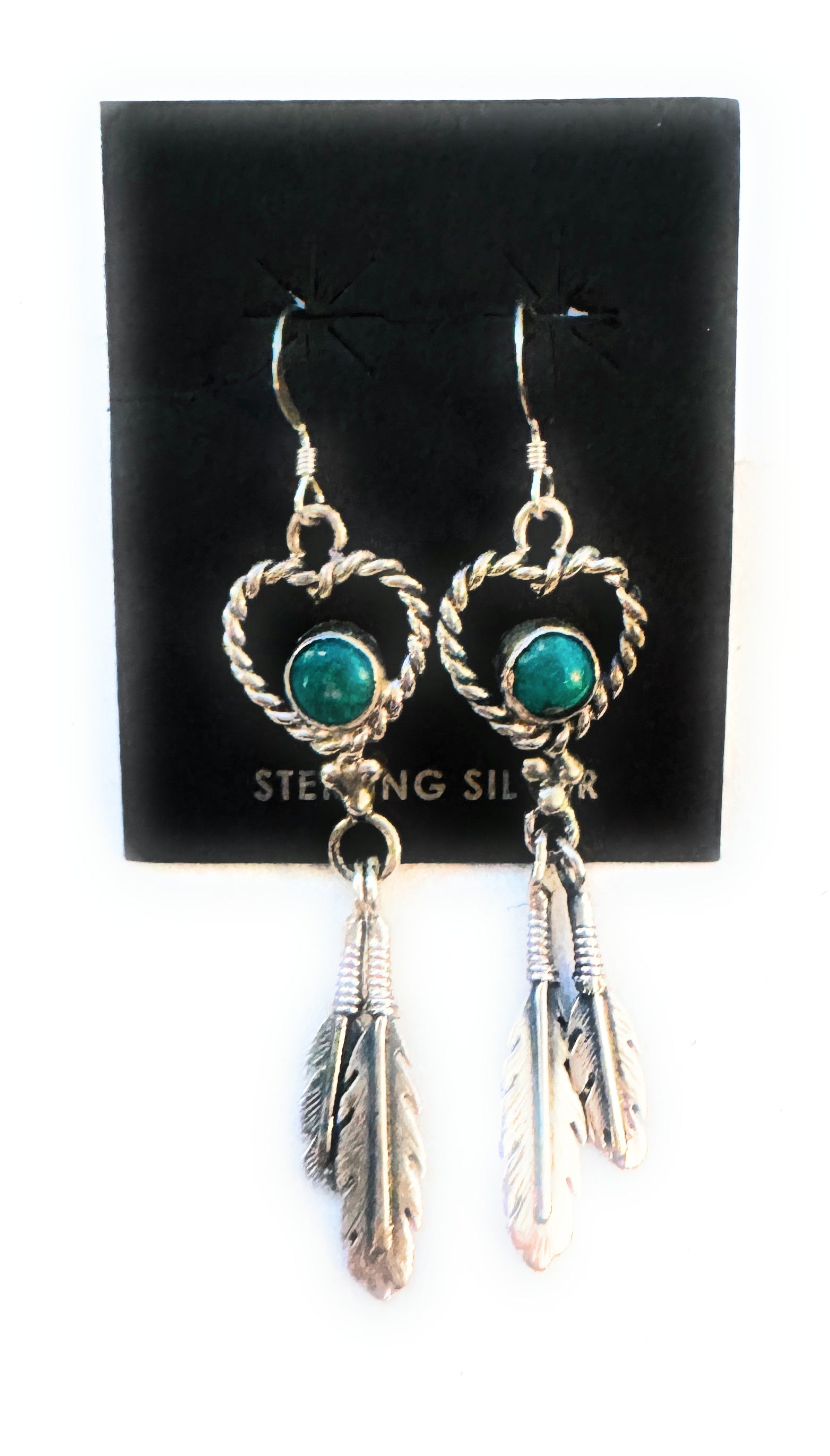 Navajo Turquoise & Sterling Silver Heart Feather Dangle Earrings