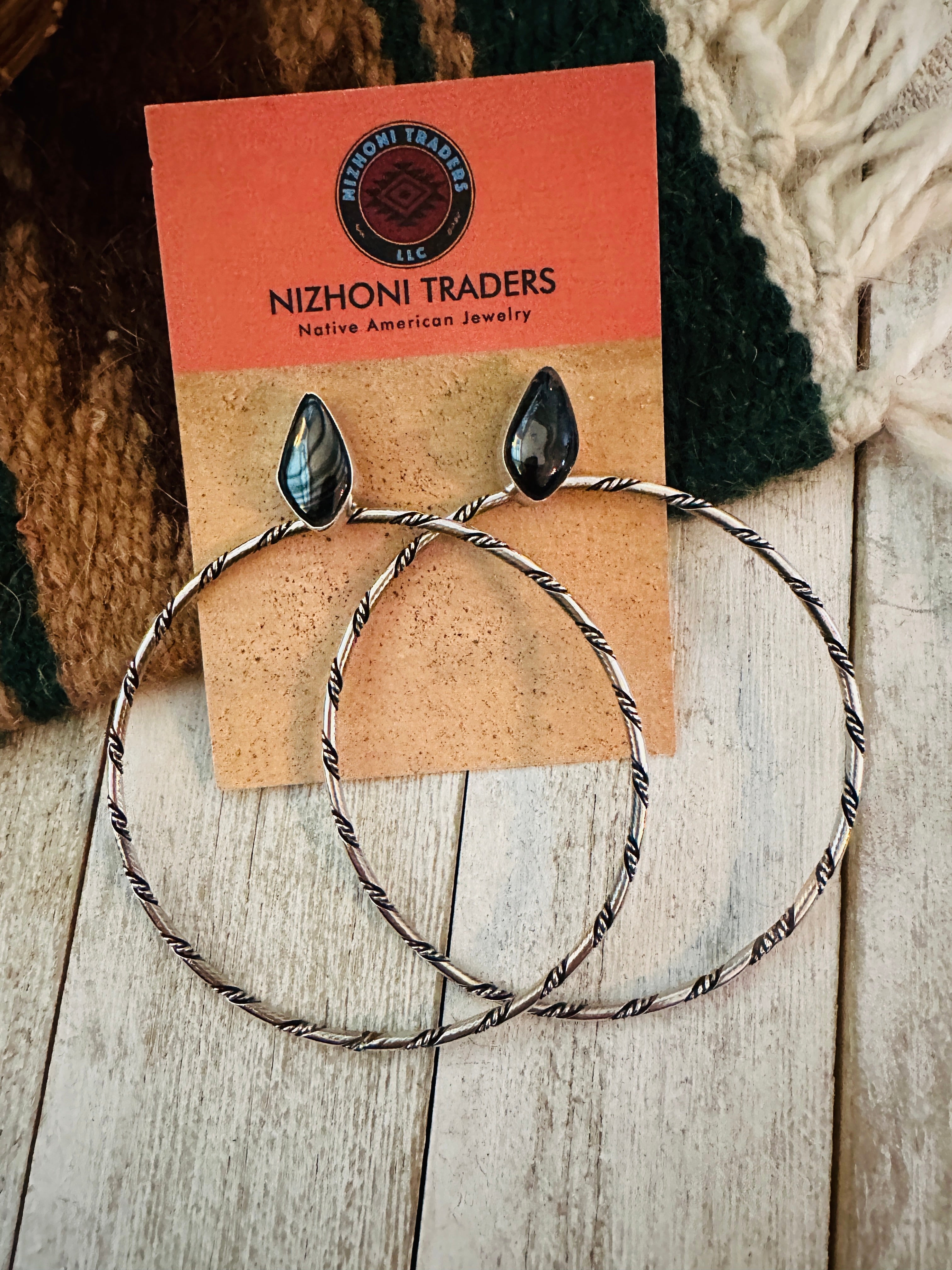 Navajo Hematite & Sterling Silver Dangle Hoop Earrings