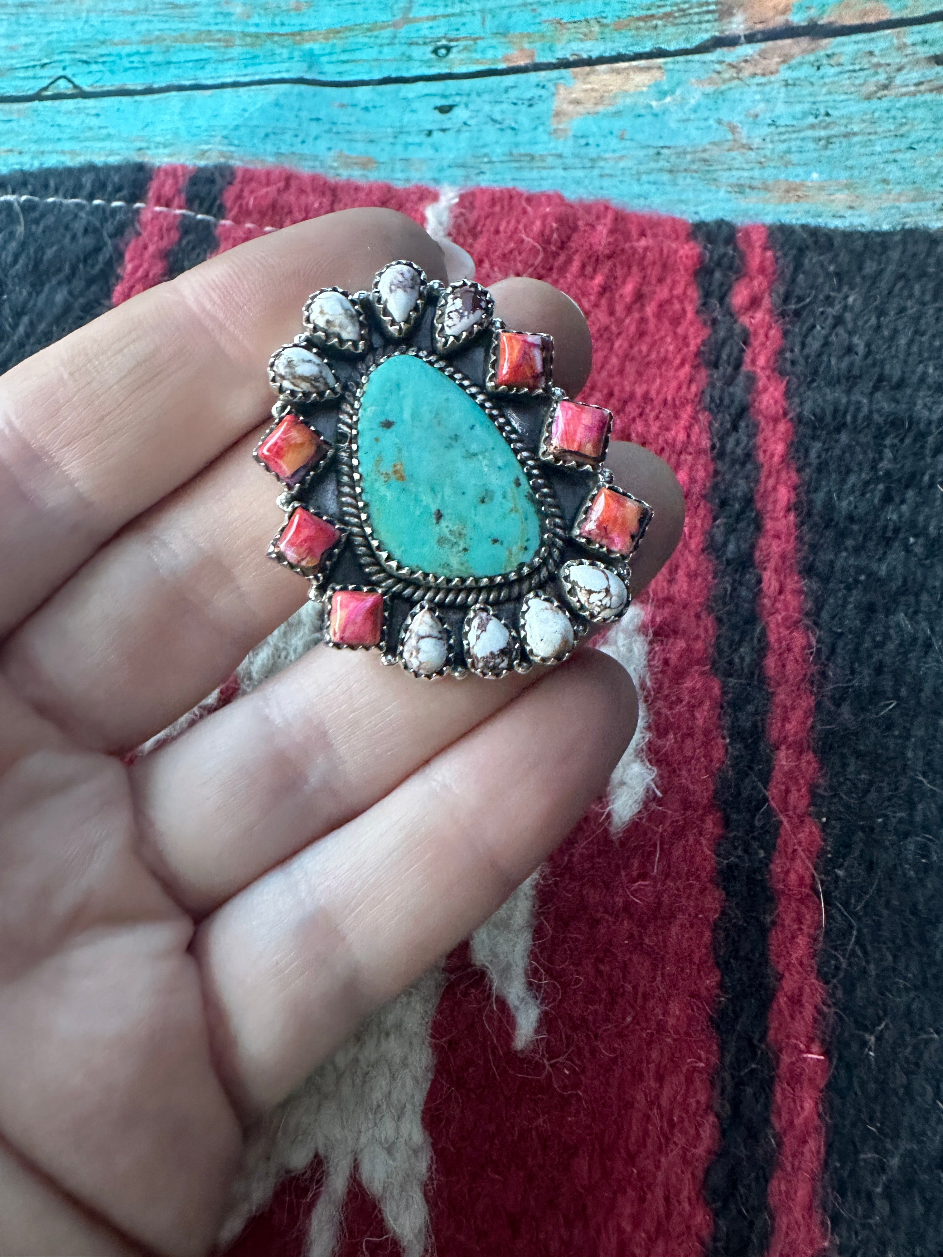 Beautiful Handmade Turquoise, Pink Dream Mojave, Wild Horse And Sterling Silver Adjustable Ring