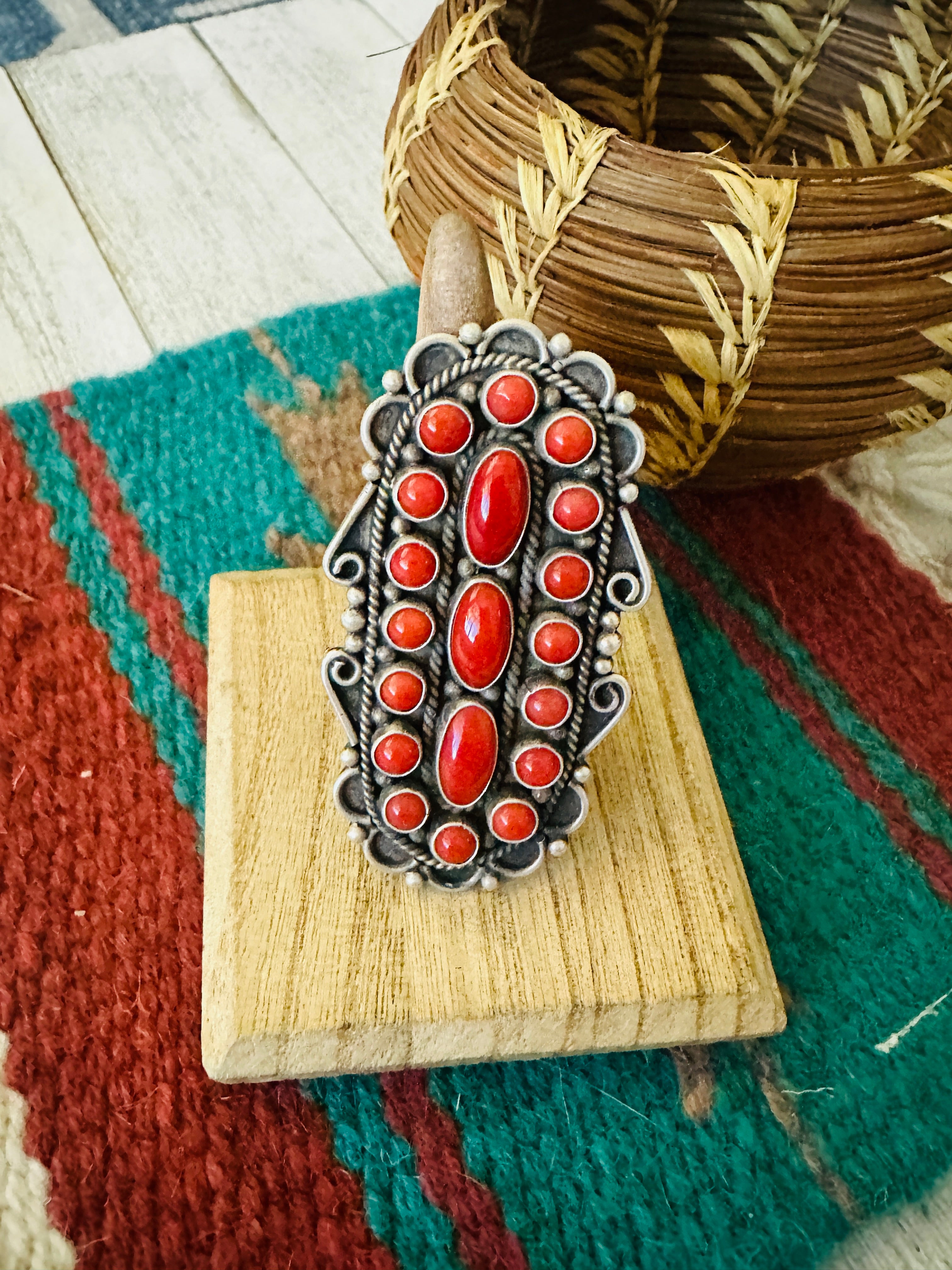 Navajo Sterling Silver and Coral Cluster Ring