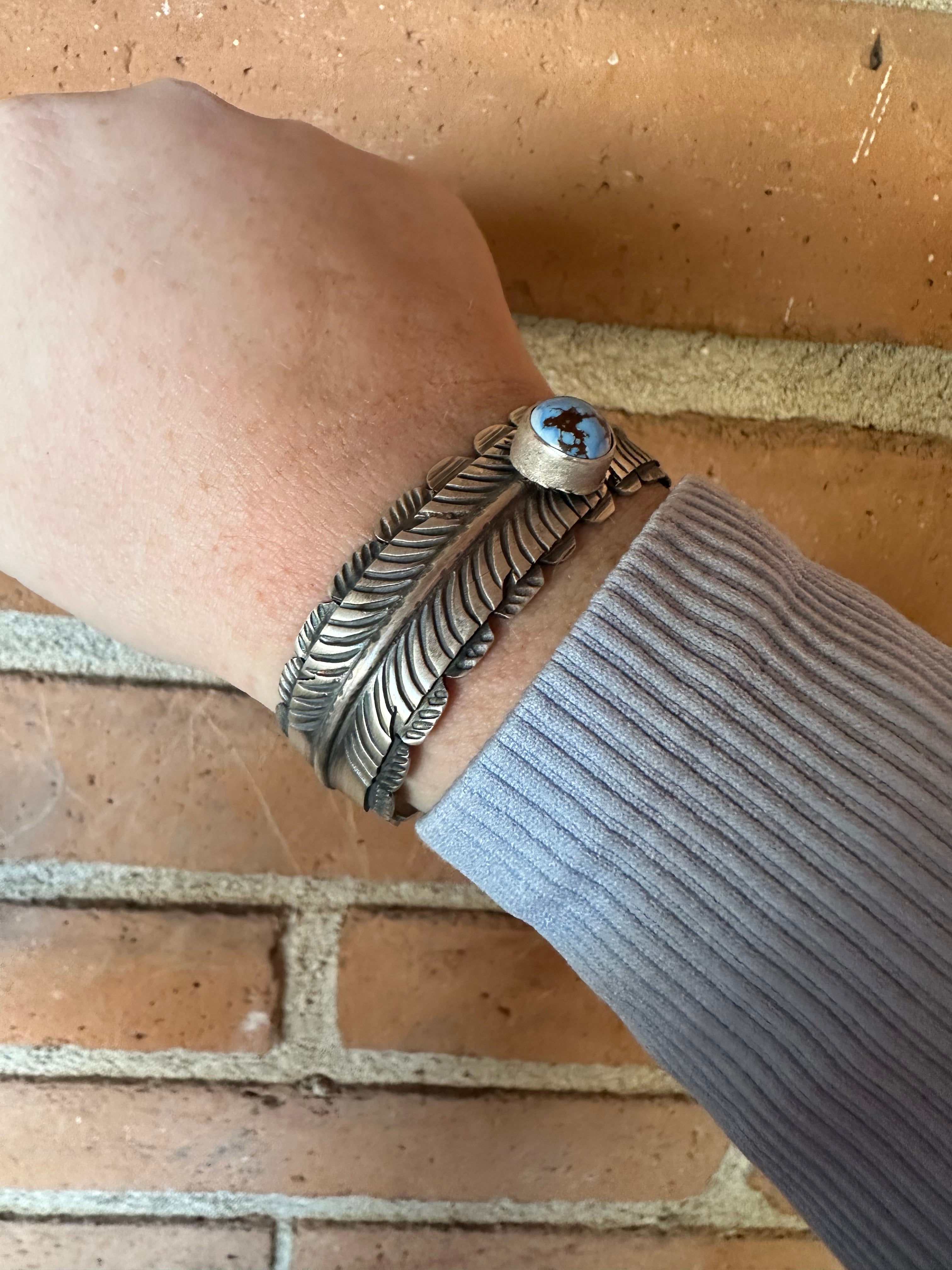 Navajo Golden Hills Turquoise & Sterling Silver Feather Cuff Bracelet