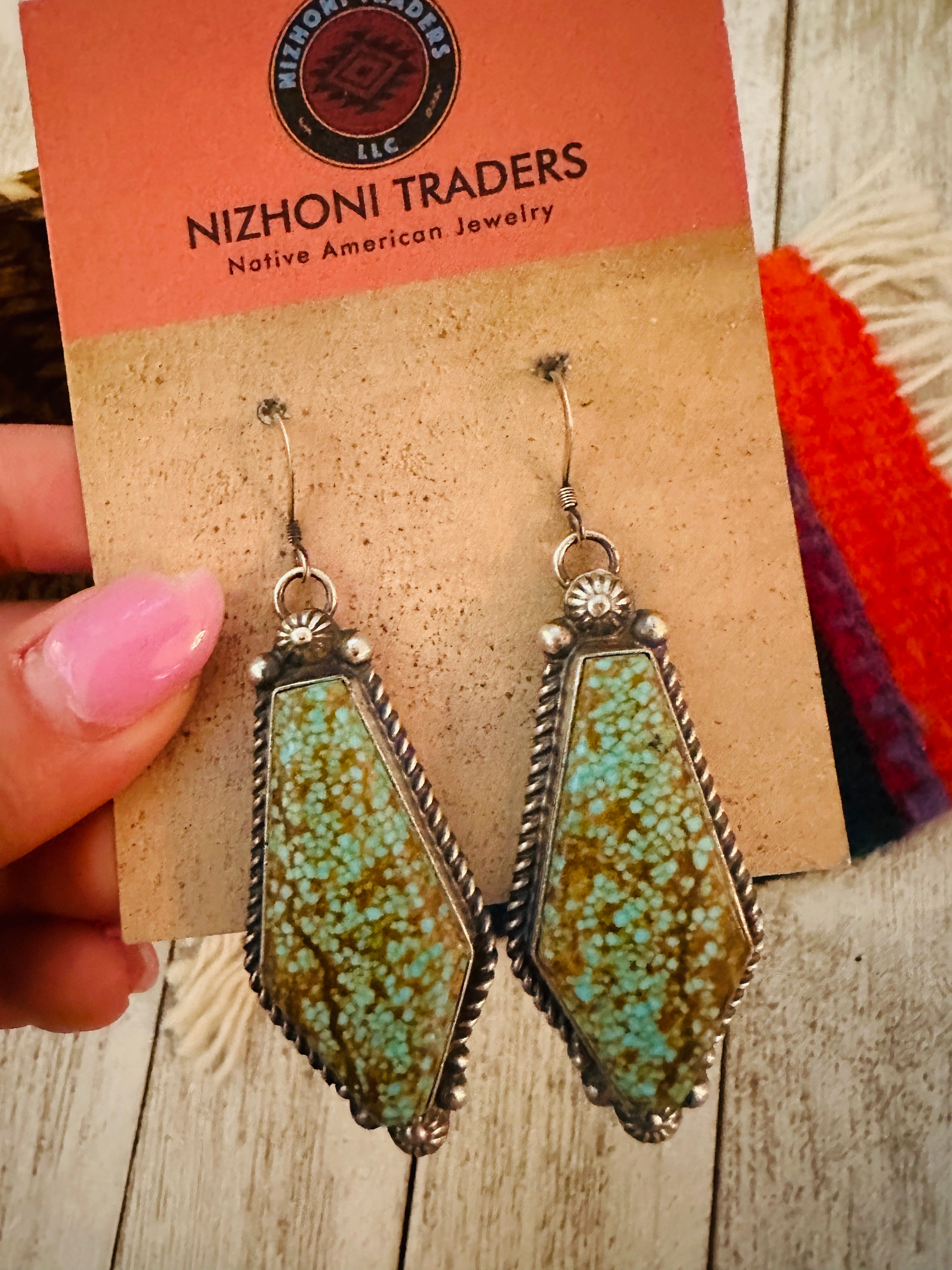 Navajo Number 8 Turquoise And Sterling Silver Dangle Earrings