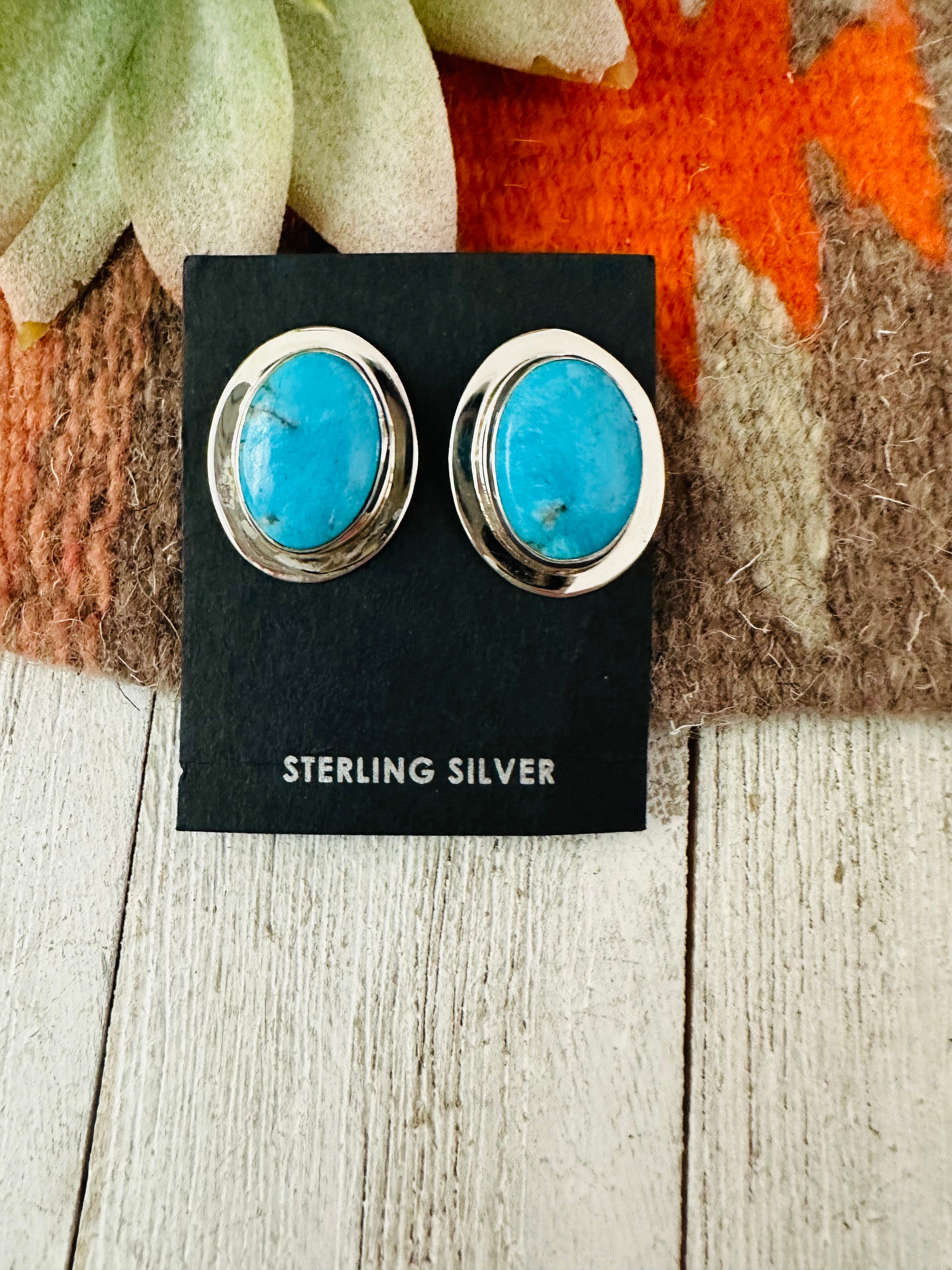 Navajo Turquoise and Sterling Silver Oval Post Earrings