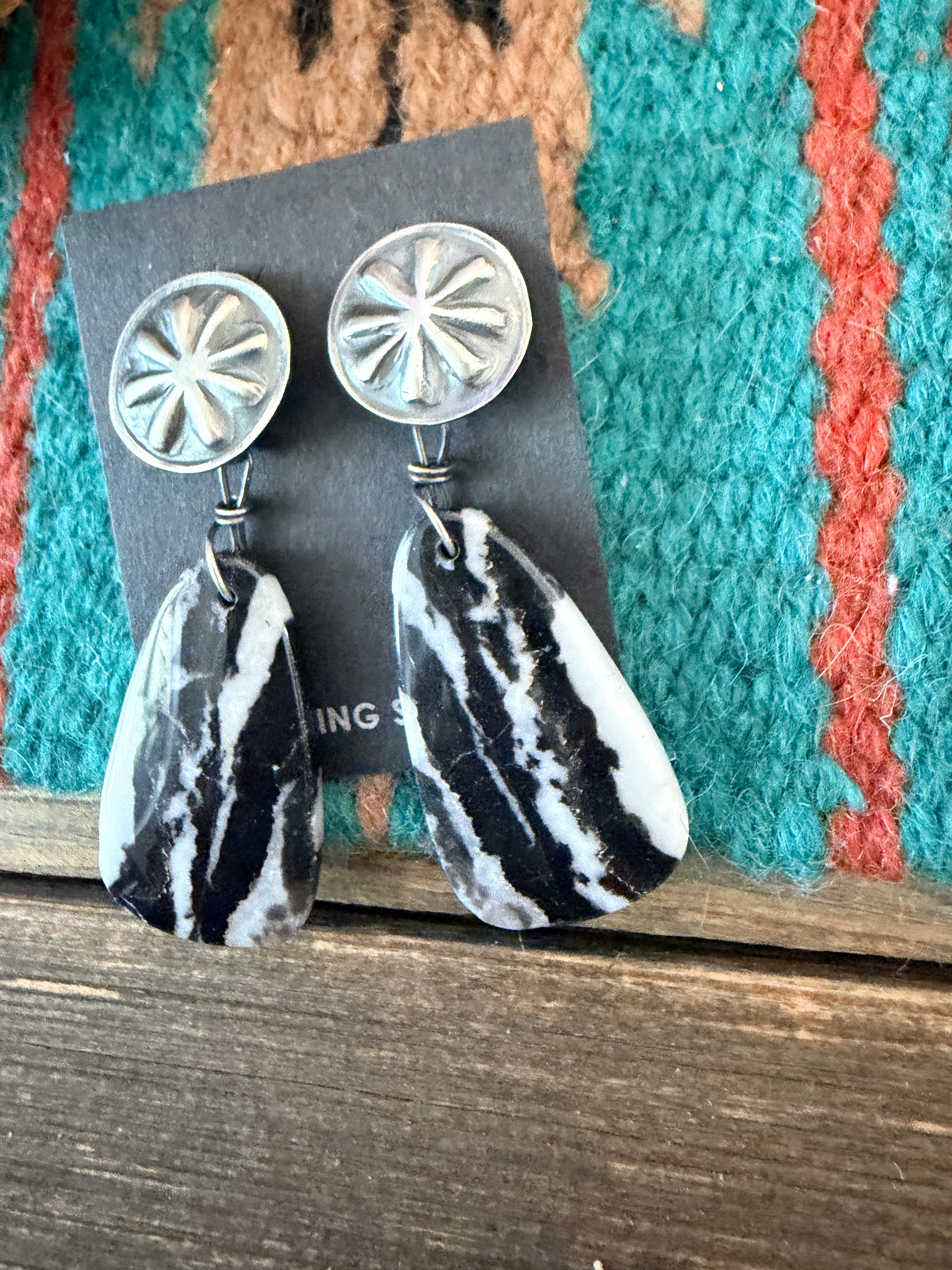 Handcrafted White Buffalo & Sterling Silver Concho Dangle Earrings