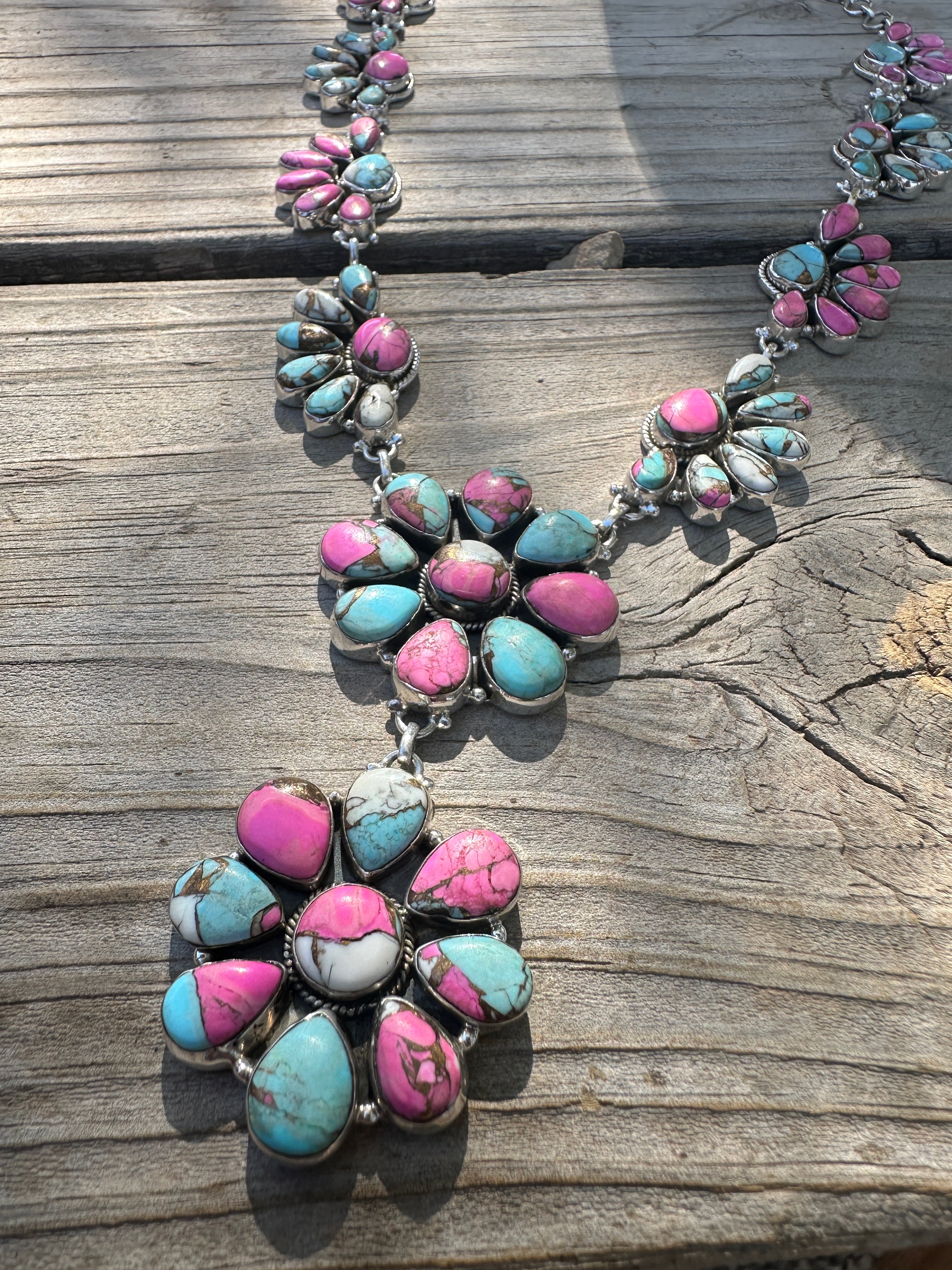 Handmade Cotton Candy Sterling Silver Lariat Cluster Necklace