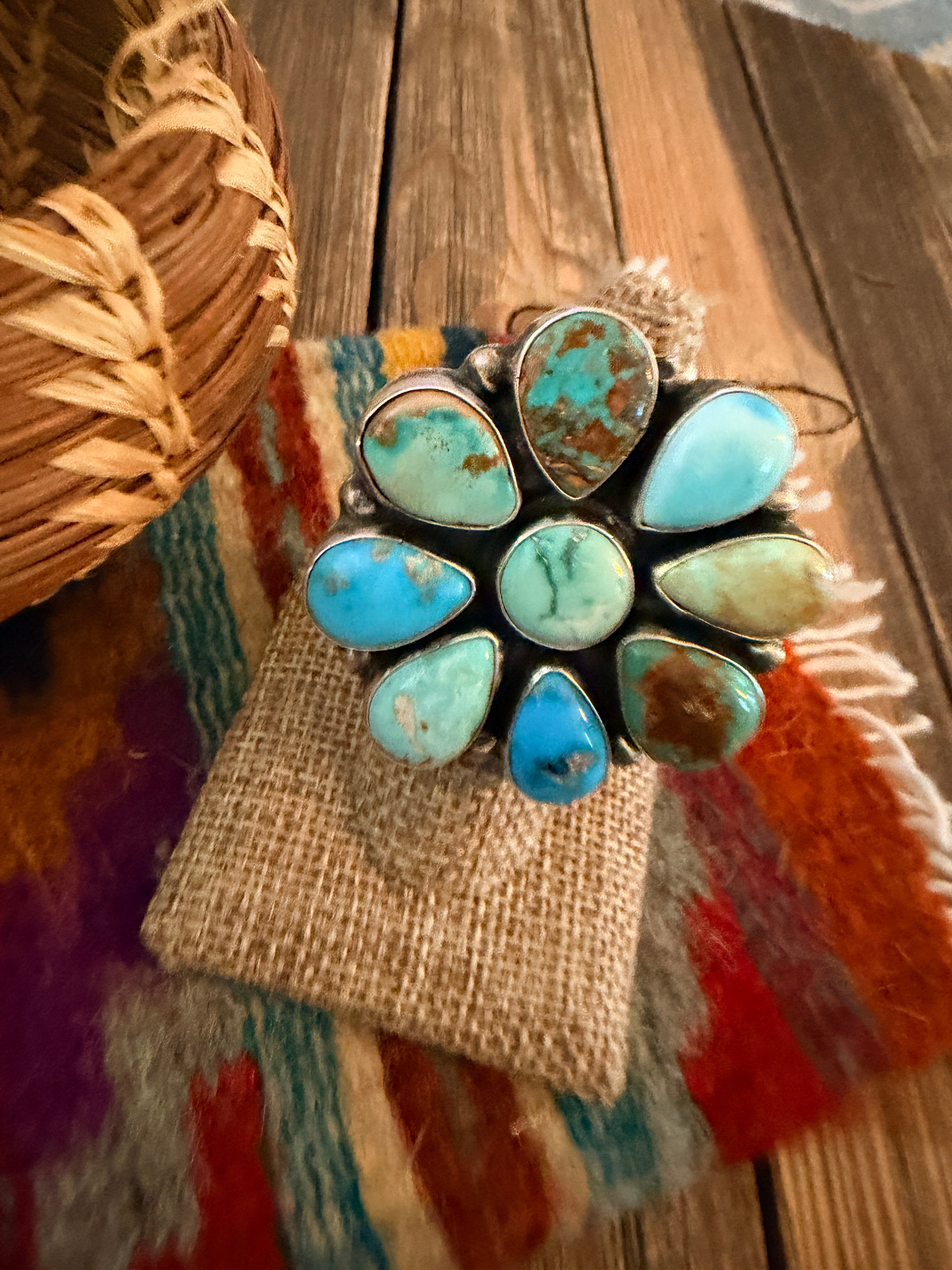 Handcrafted Multi Turquoise & Sterling Silver Cluster Adjustable Ring