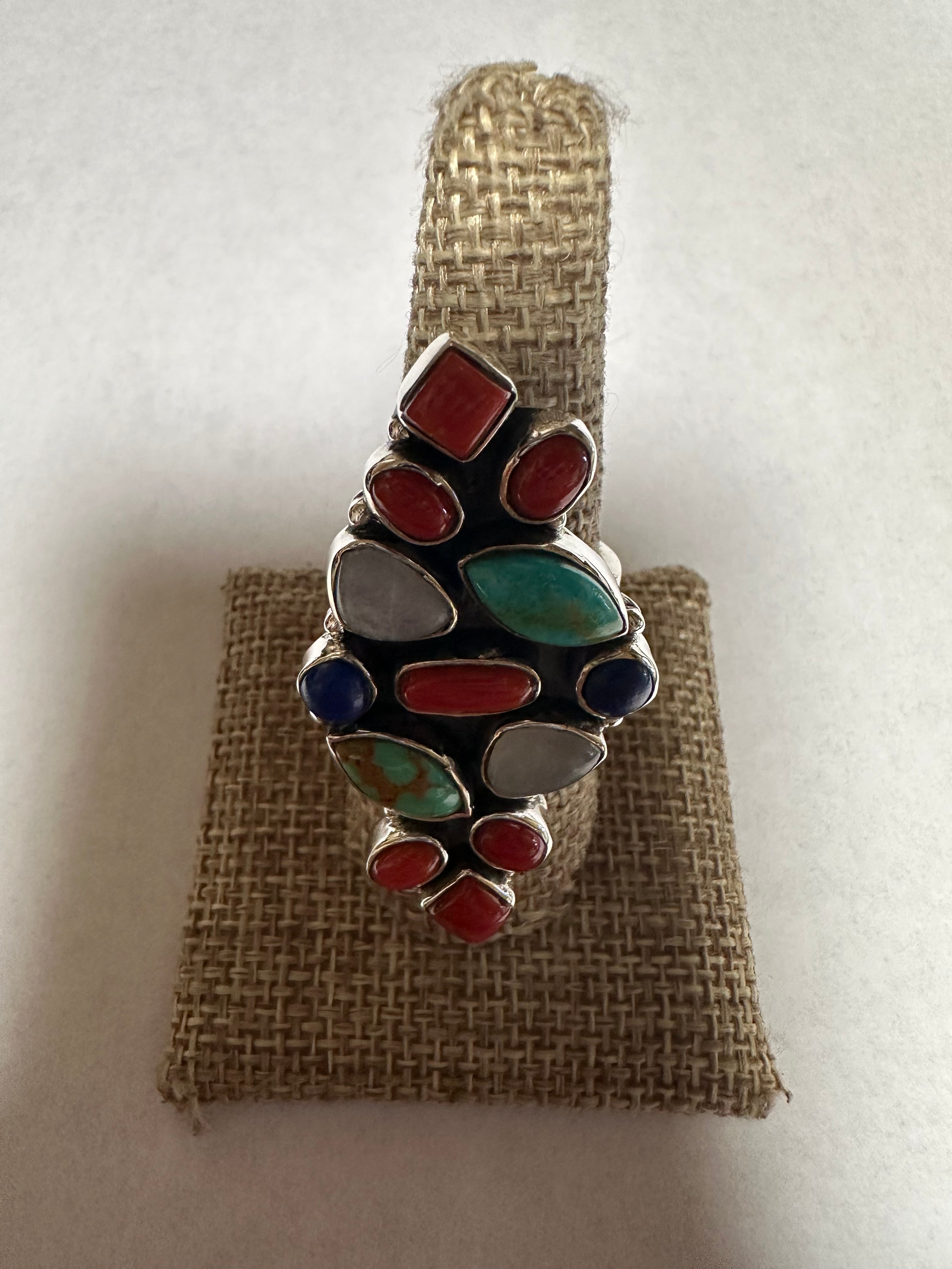 Beautiful Handmade Mother of Pearl, Turquoise, Coral, Lapis And Sterling Silver Adjustable Ring