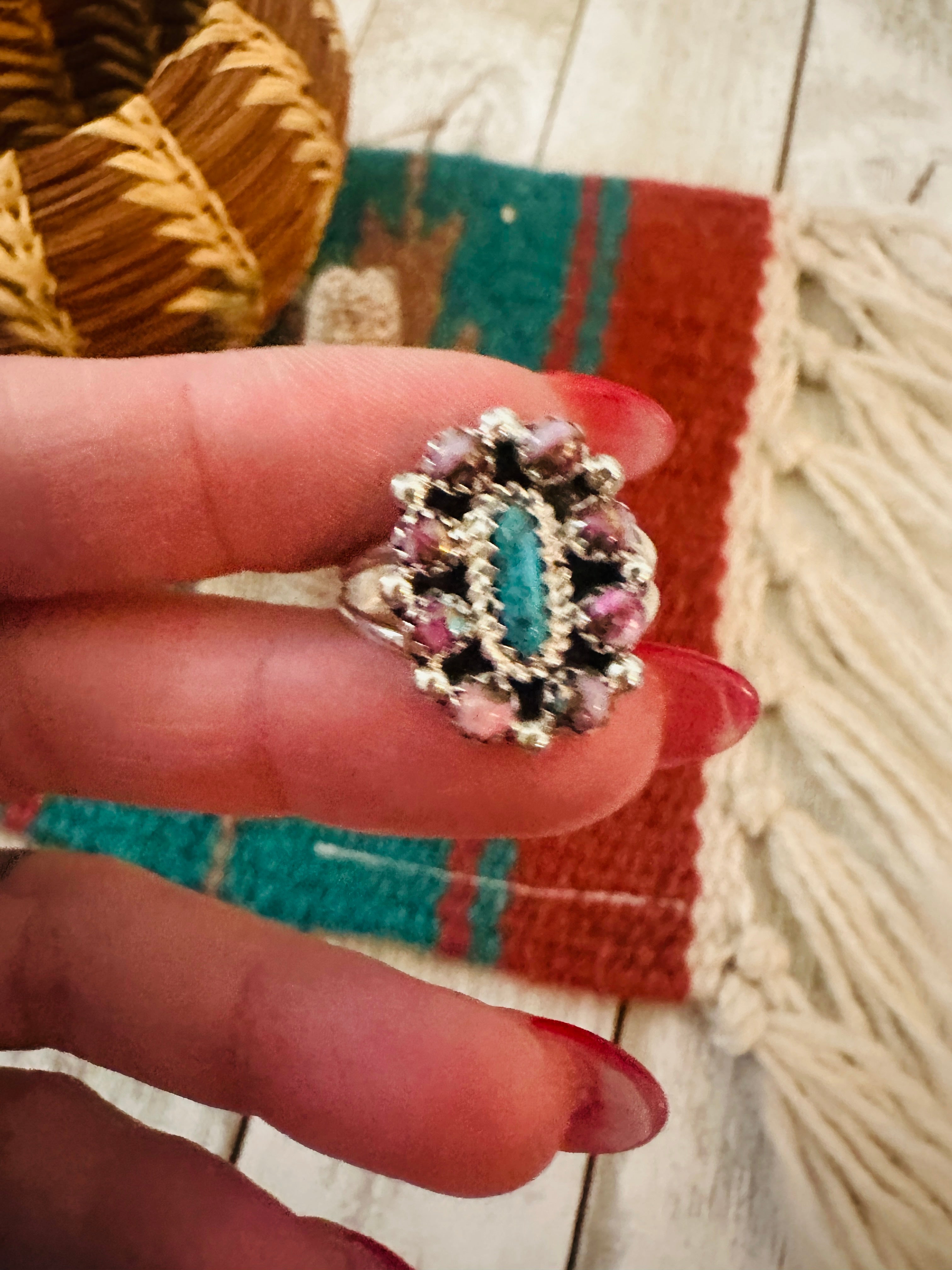 Handcrafted Pink Dream, Turquoise & Sterling Silver Cluster Ring