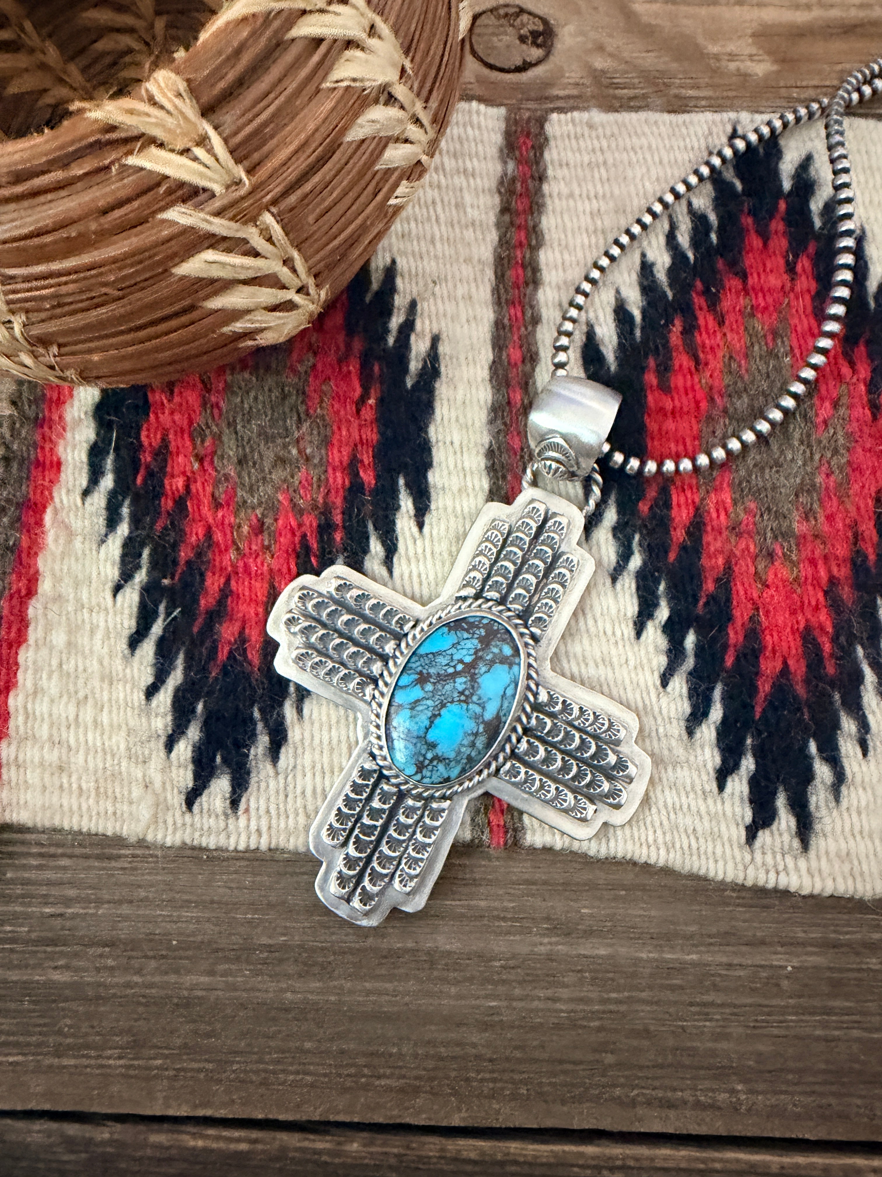 Handcrafted Turquoise & Sterling Silver Cross Pendant by Larry Kaye