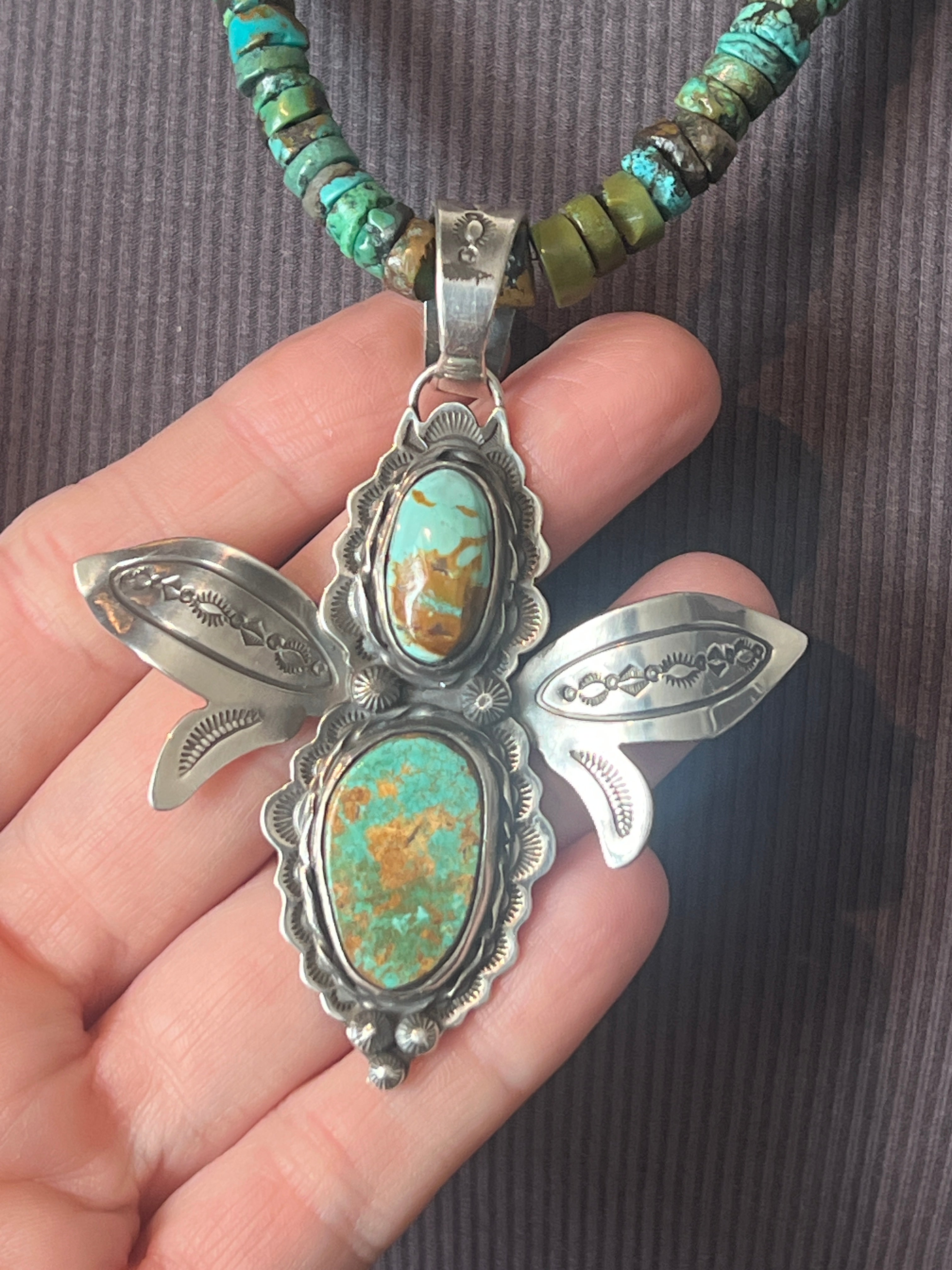 Hand Stamped Sterling Silver and Turquoise Winged Bug Pendant by Kimari Somers