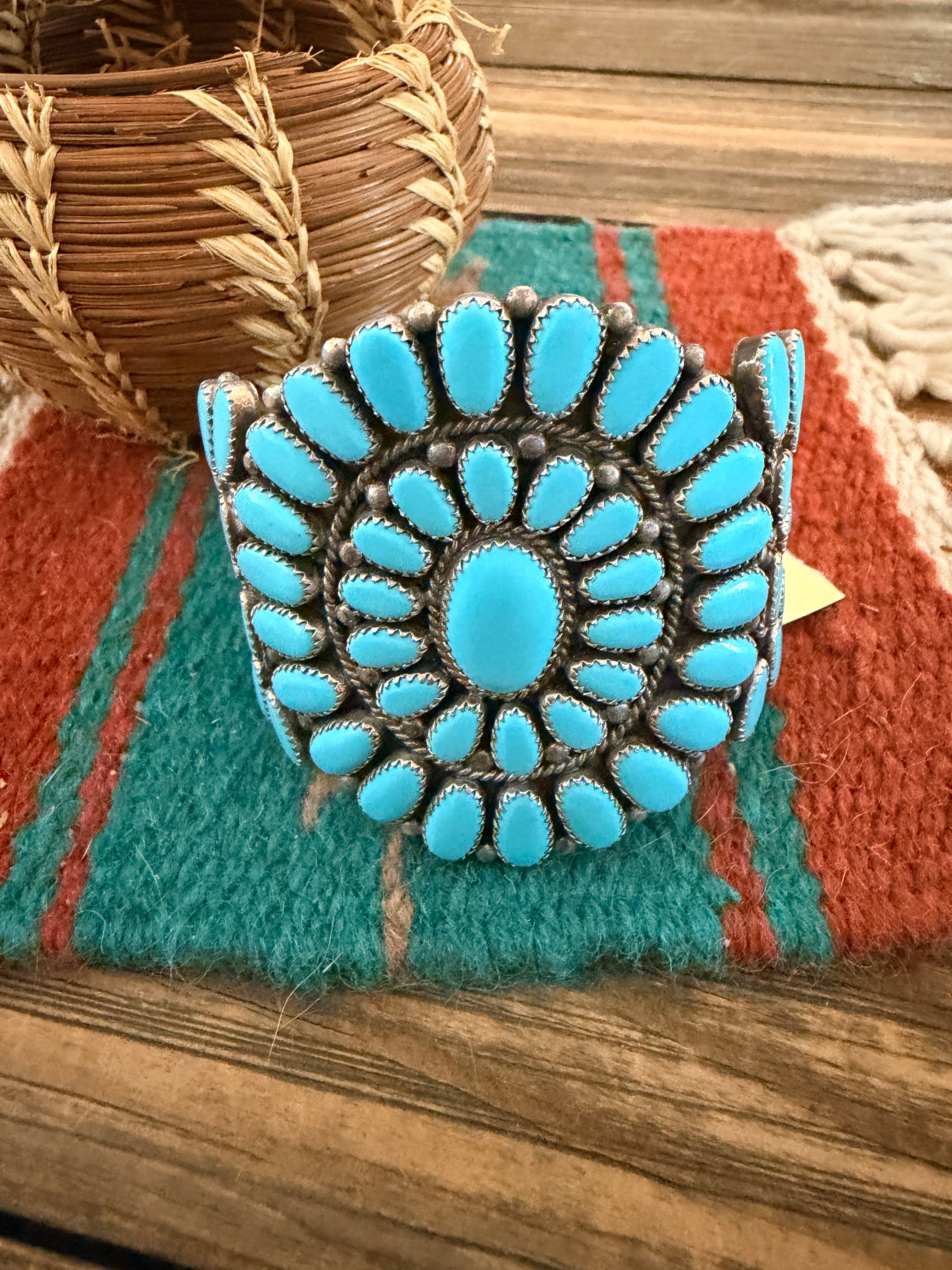 Handcrafted Old Pawn Sterling Silver & Turquoise Cluster Cuff Bracelet by Slim Jim Yazzie