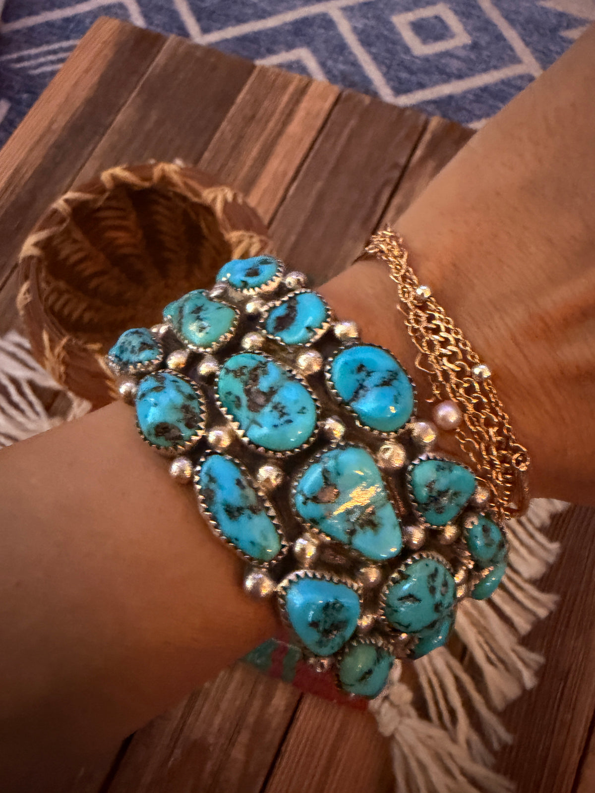 Handcrafted Old Pawn Sterling Silver & Kingman Turquoise Cluster Cuff Bracelet