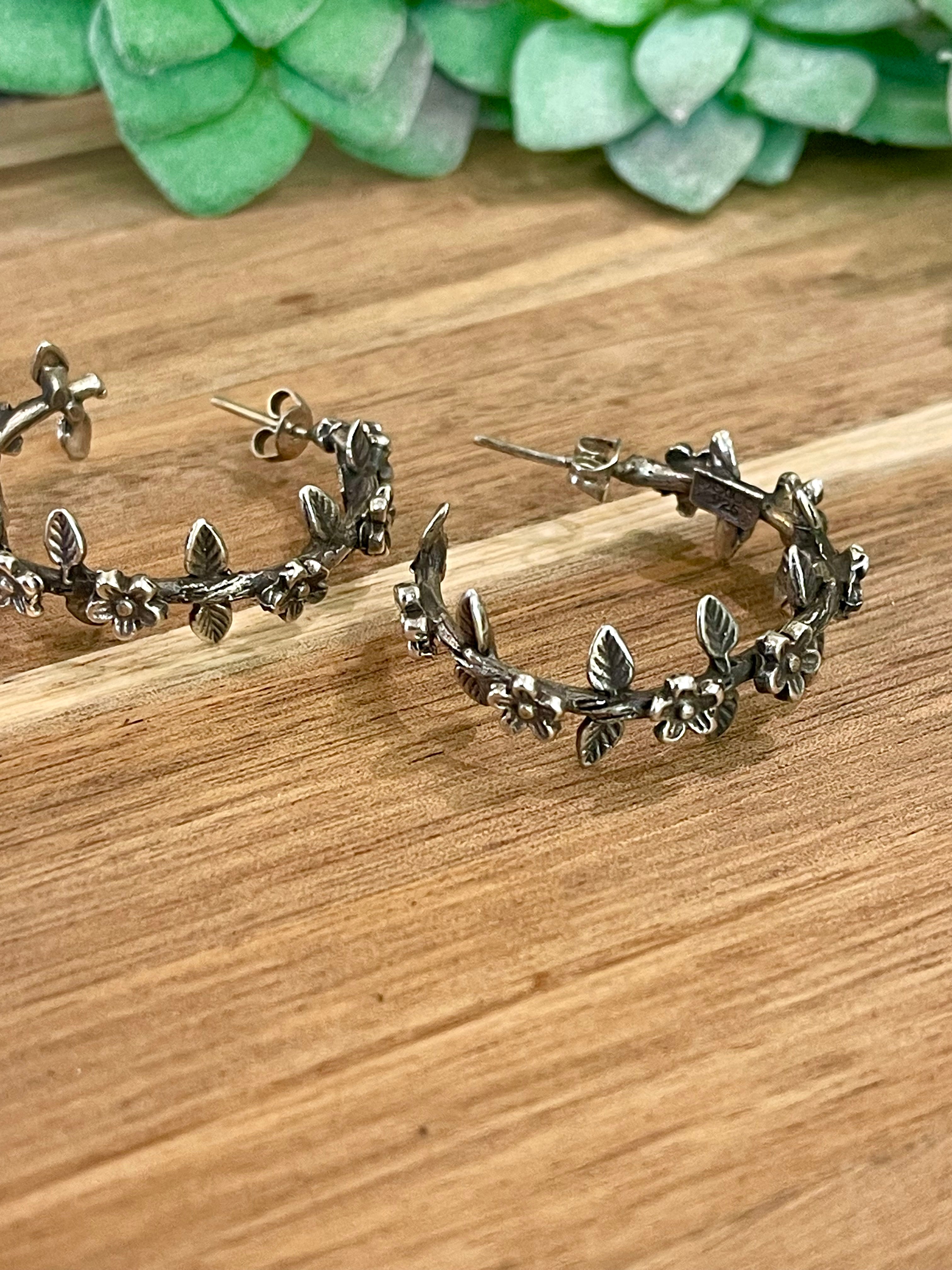 Handmade In Mexico Sterling Silver, Hoop Flower Earrings