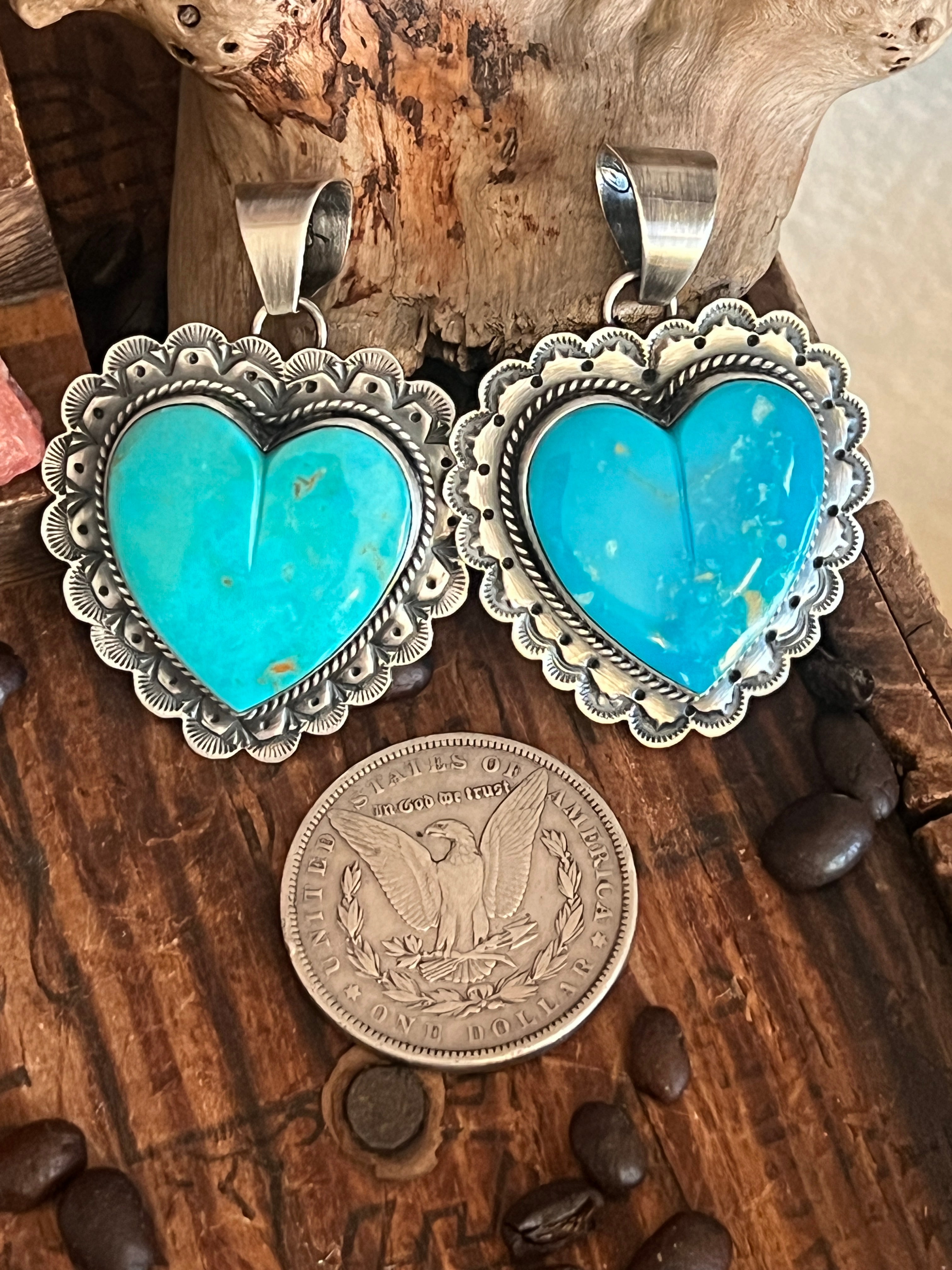 Hand Stamped Sterling Silver & Kingman Turquoise Heart Pendant by June Delgarito