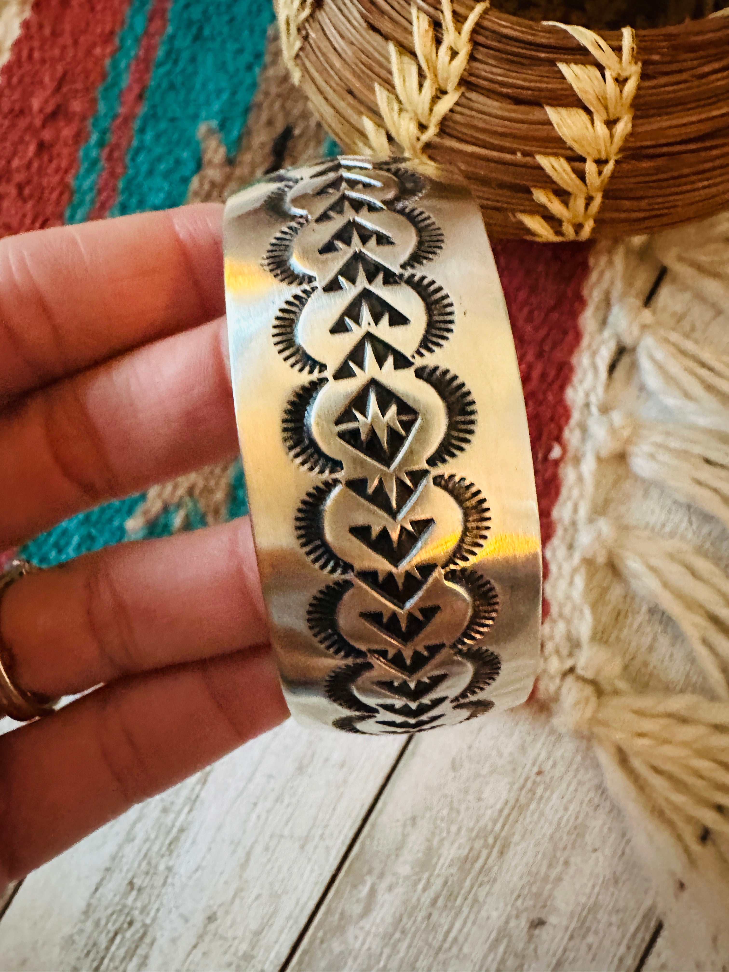 Navajo Hand Stamped Sterling Silver Cuff Bracelet