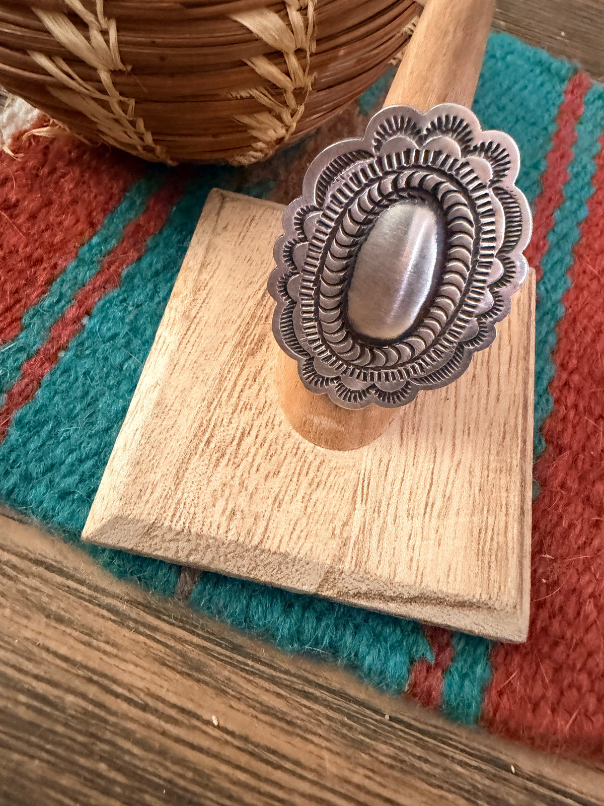 Handcrafted Sterling Silver Adjustable Concho Ring by Leander Tahe
