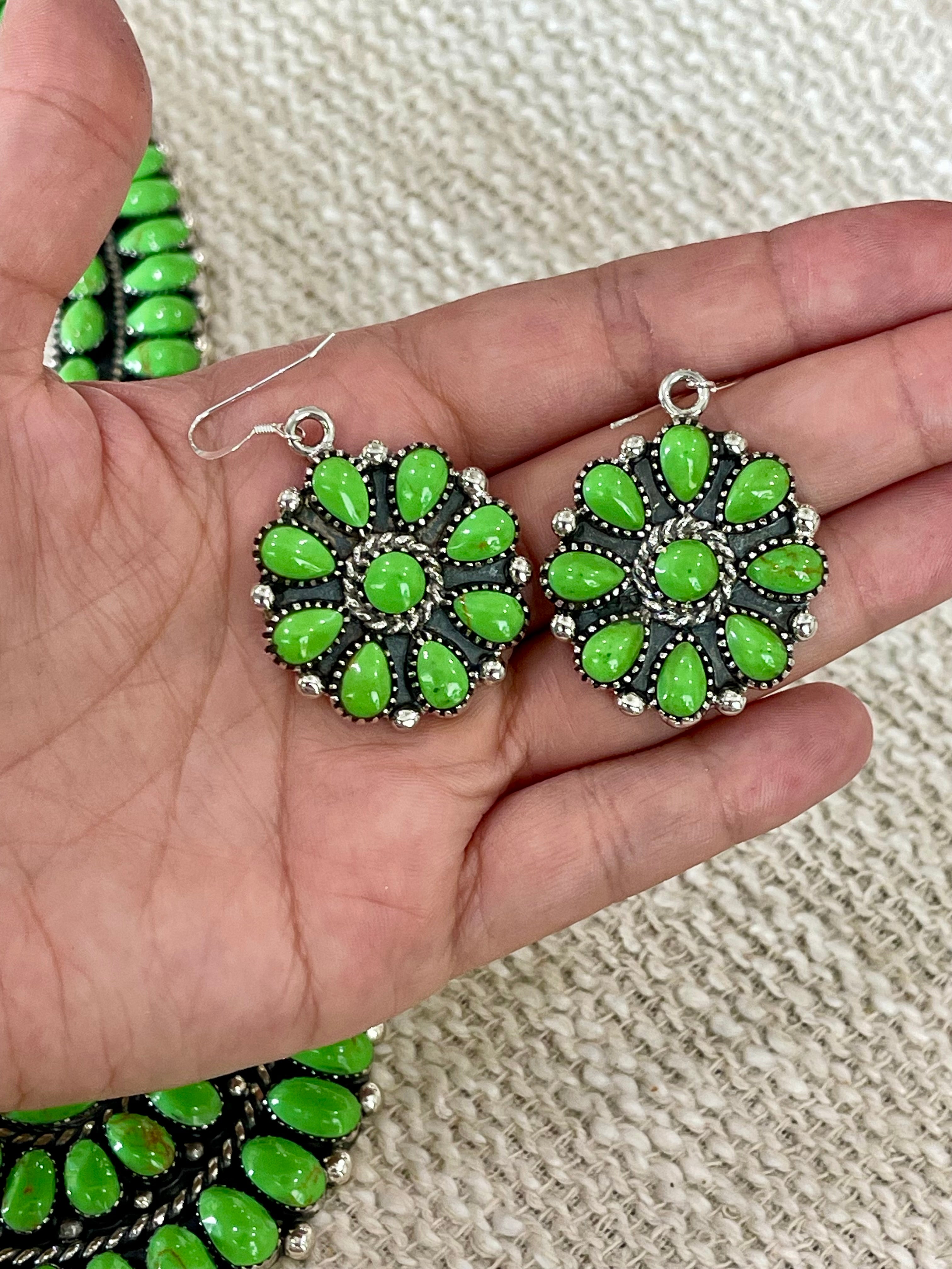 Beautiful Handmade Sterling Silver & Dyed Kingman Turquoise Cluster Necklace And Earring Set