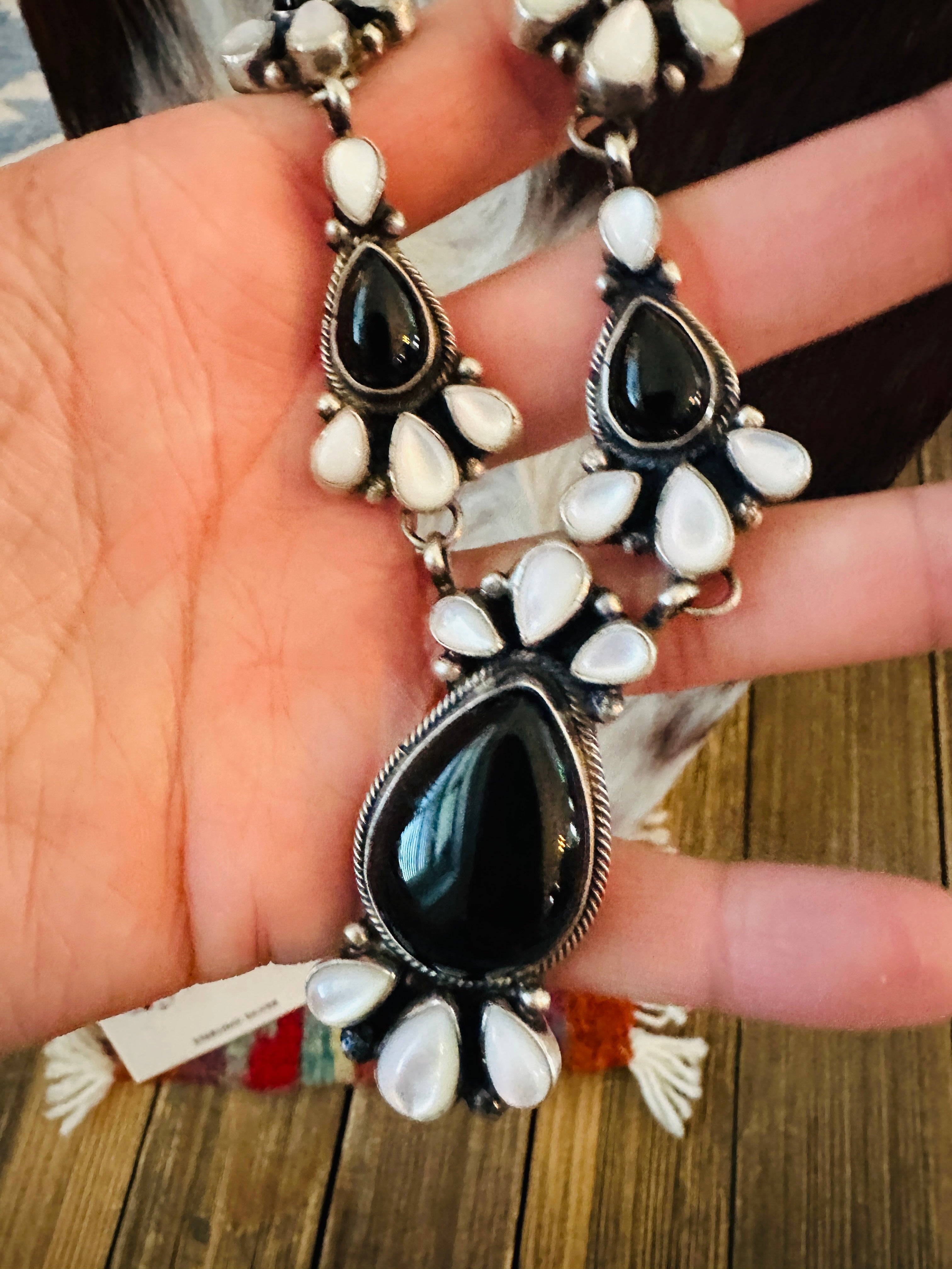 Handcrafted Onyx, Mother of Pearl & Sterling Silver Necklace and Earring Set by Sheila Becenti