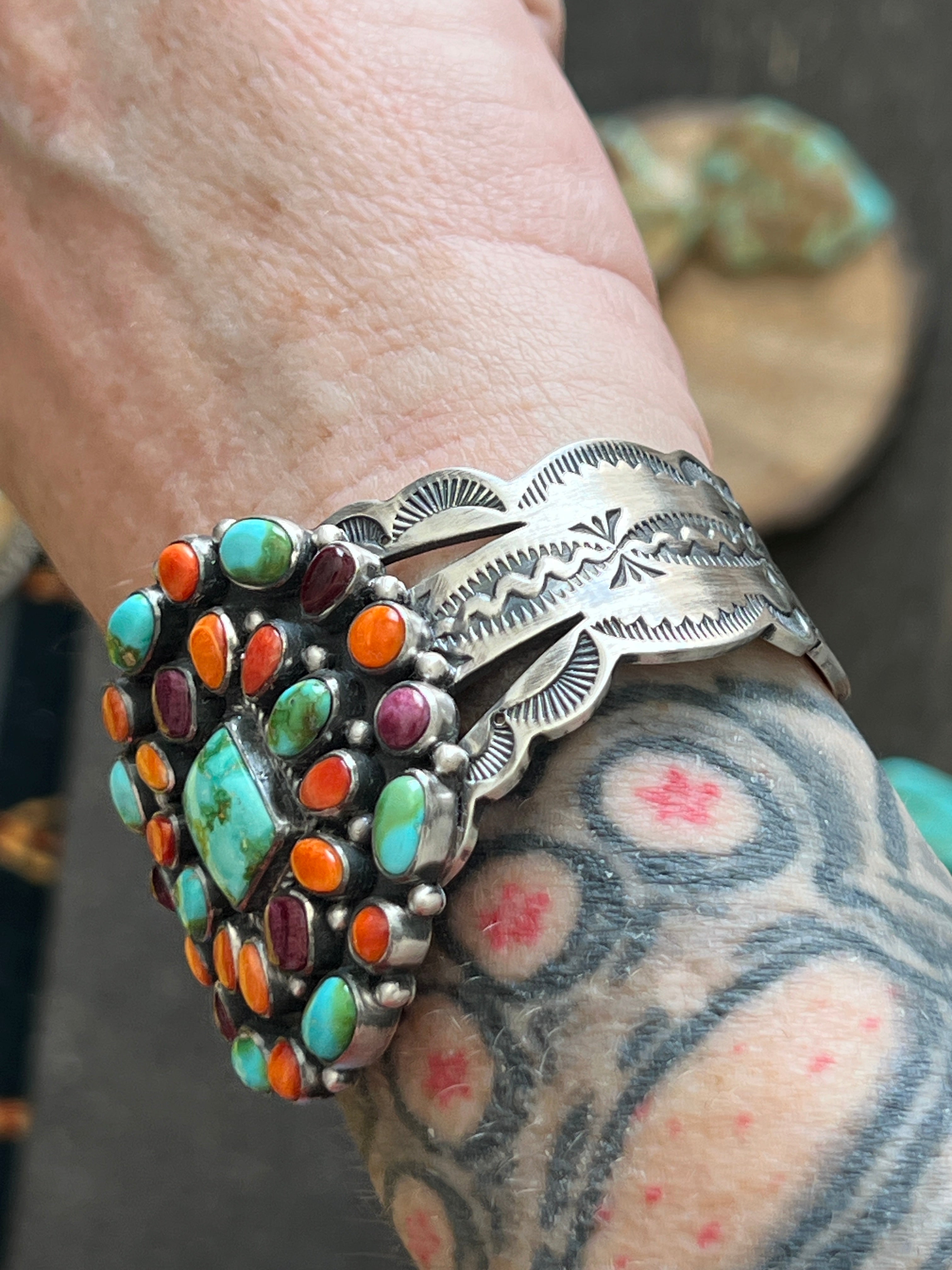 Handcrafted Sterling Silver Electric Rainbow Sonoran Turquoise and Spiny Oyster Cluster Cuff Bracelet by Murphy Platero