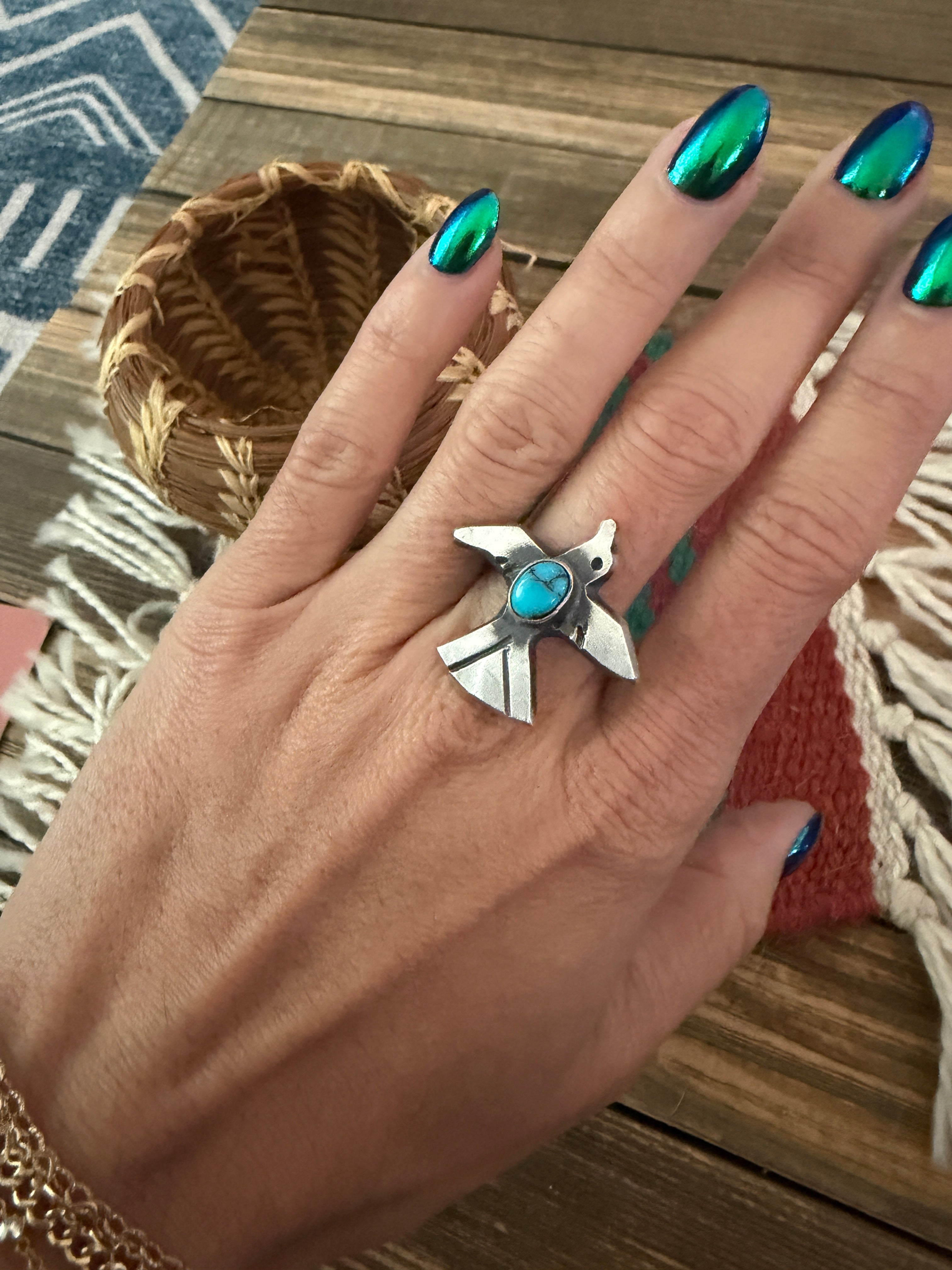 Handcrafted Turquoise and Sterling Silver Thunderbird Ring size 8.5 by Chimney Butte