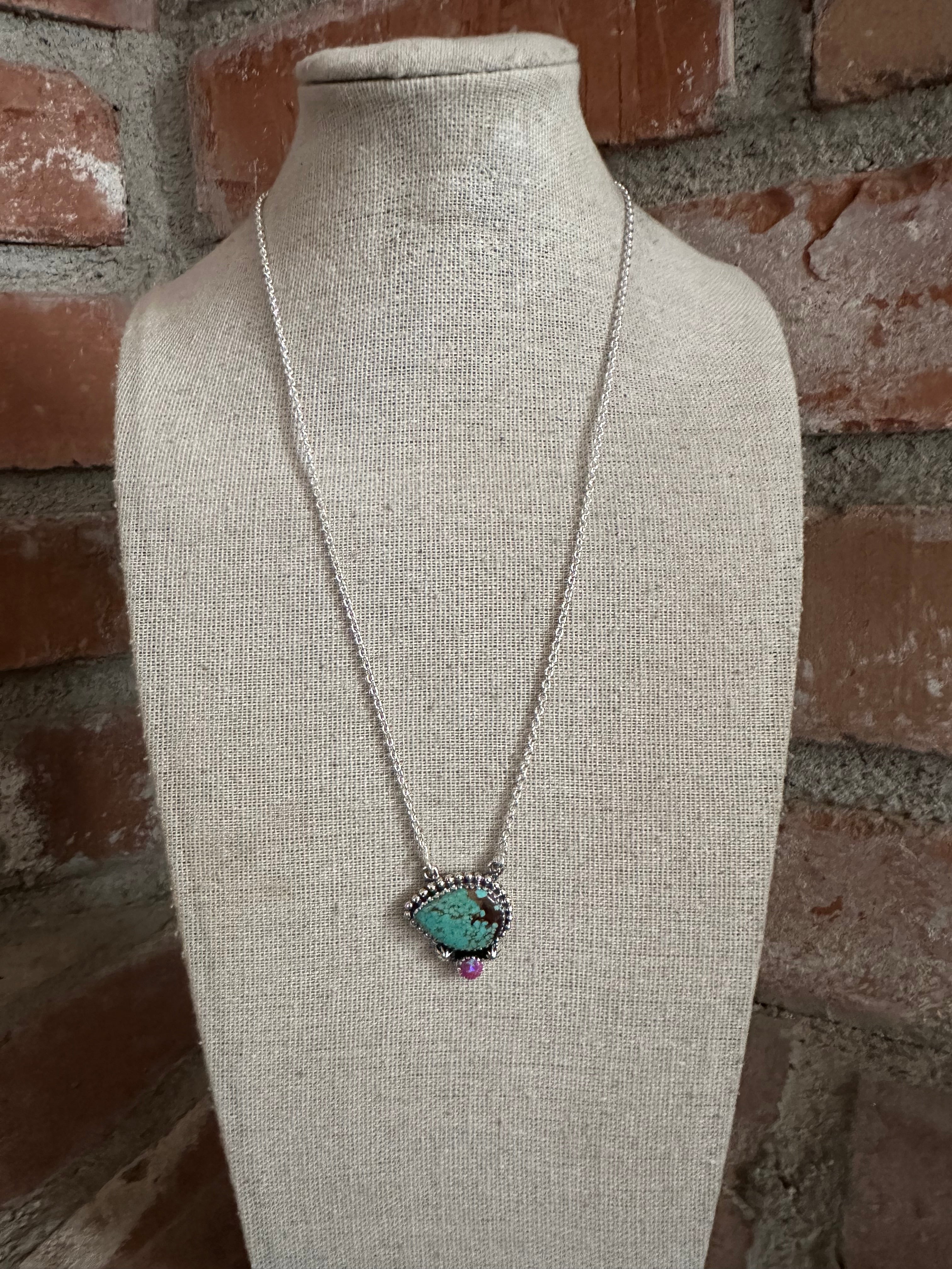 Beautiful Handmade Sterling Silver & Number 8 Turquoise, Fire Opal Necklace